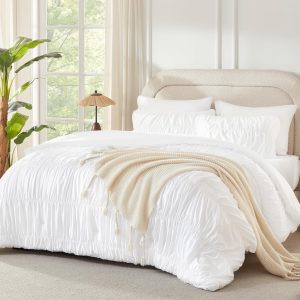 Andency Ruched White Queen Comforter Set, Shabby Chic Pleated Bedding Sets 3 Pieces, Lightweight Soft Boho Ruffle Bed Set for Girls, Kids, Women, All Season