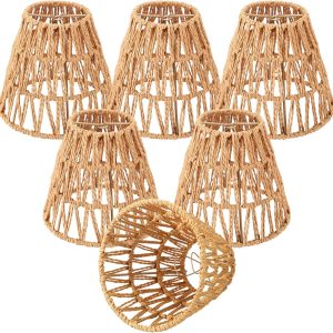 6 Pcs Clip-on Lamp Shade Small Rattan Bell Shade Boho Handwoven Barrel Rattan Chandelier Shades Replacement for Table Floor Lamp Pendant Light Fixtures, 5.5" H x 5.9" D, 2.76" Fitter