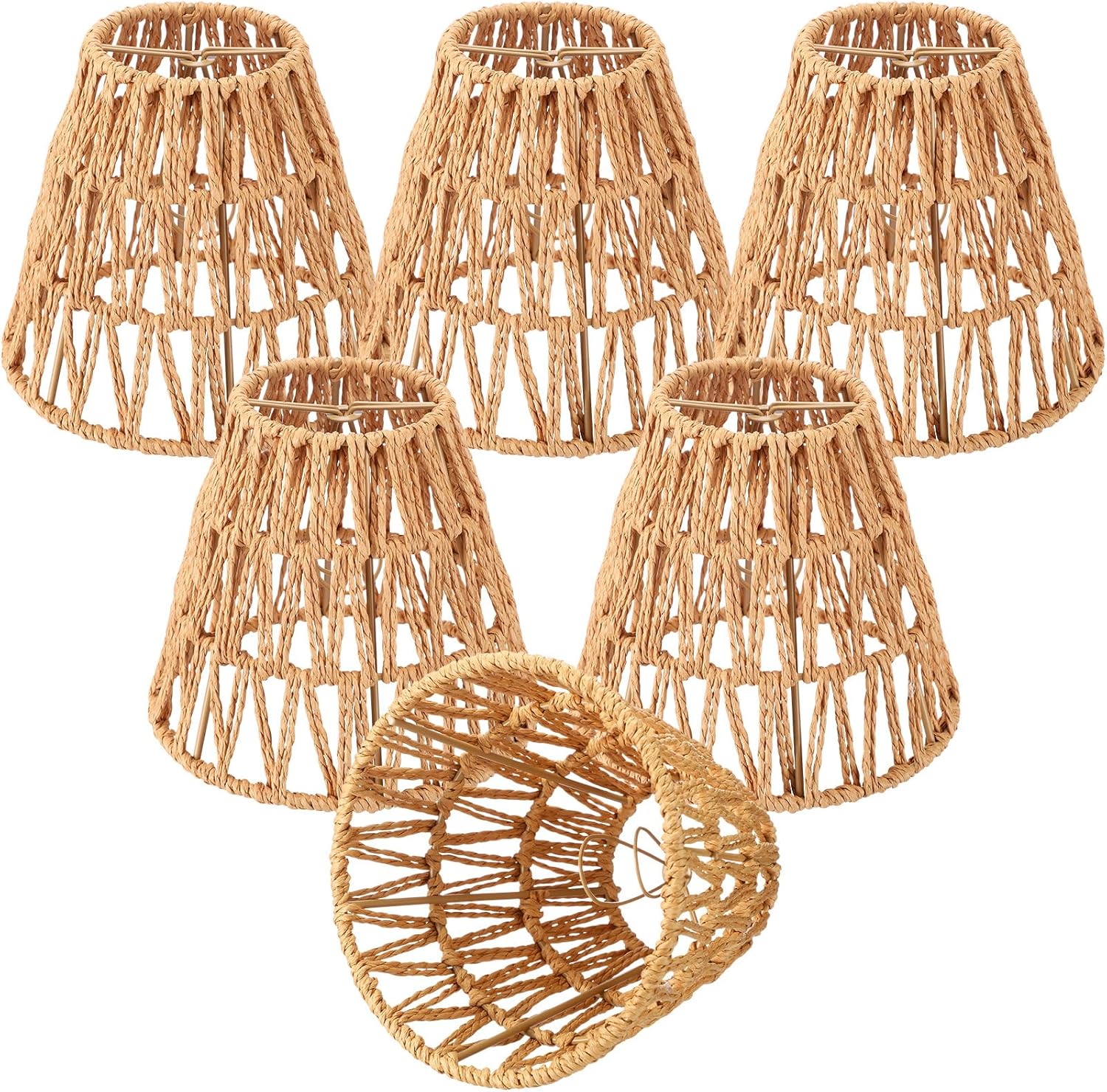 6 Pcs Clip-on Lamp Shade Small Rattan Bell Shade Boho Handwoven Barrel Rattan Chandelier Shades Replacement for Table Floor Lamp Pendant Light Fixtures, 5.5″ H x 5.9″ D, 2.76″ Fitter