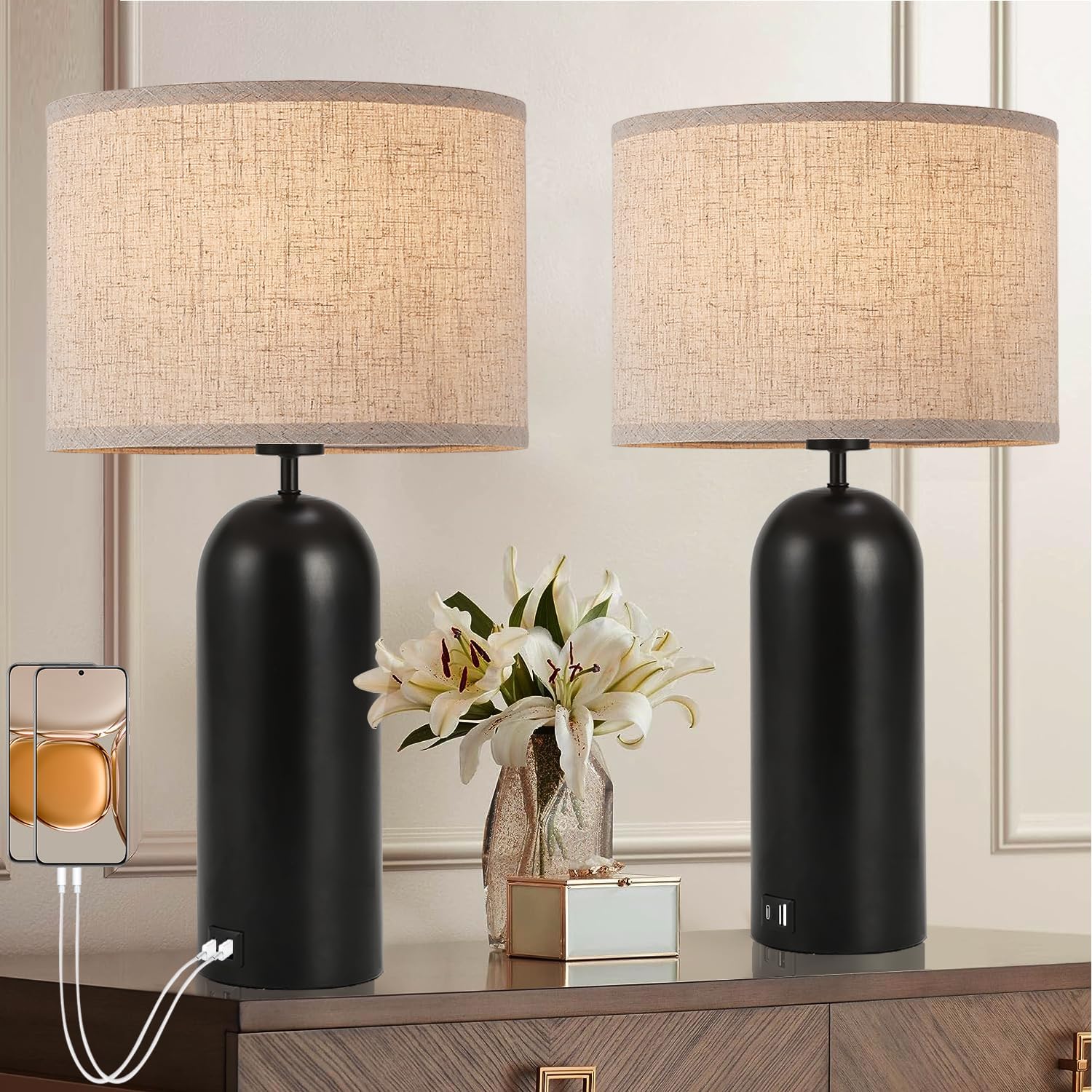 Black&Cream Table Lamps Set of 2 - 3-Way Dimmable with USB A+C Ports - Modern End Table Lamps for Living Room & Bedroom - 22inch