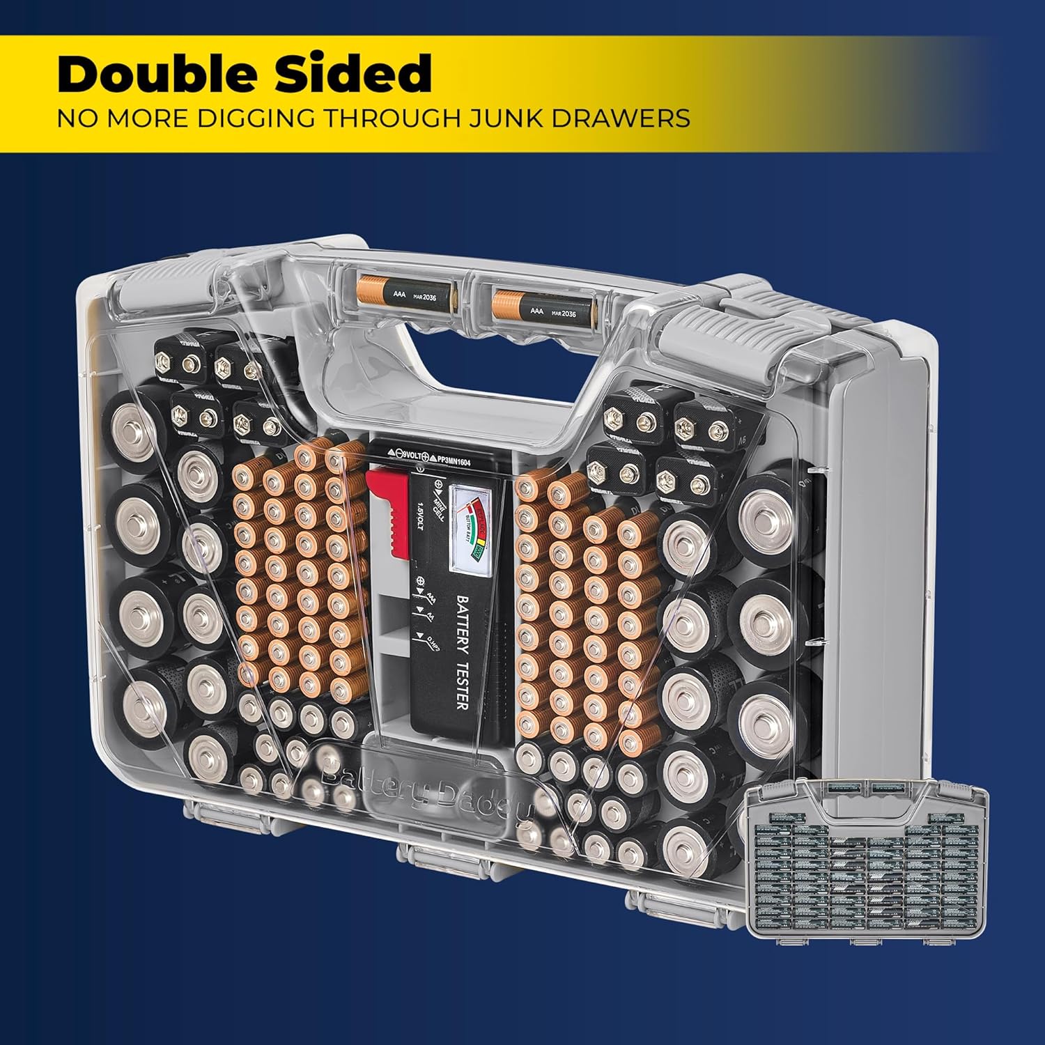 Ontel Battery Daddy Storage & Organizer Case with Tester, Stores & Protects Up to 180 Batteries, Double-Sided, Durable Design W/Clear Locking Lid, Secure Latches & Portable Carrying Handle- Warm Grey - Image 4