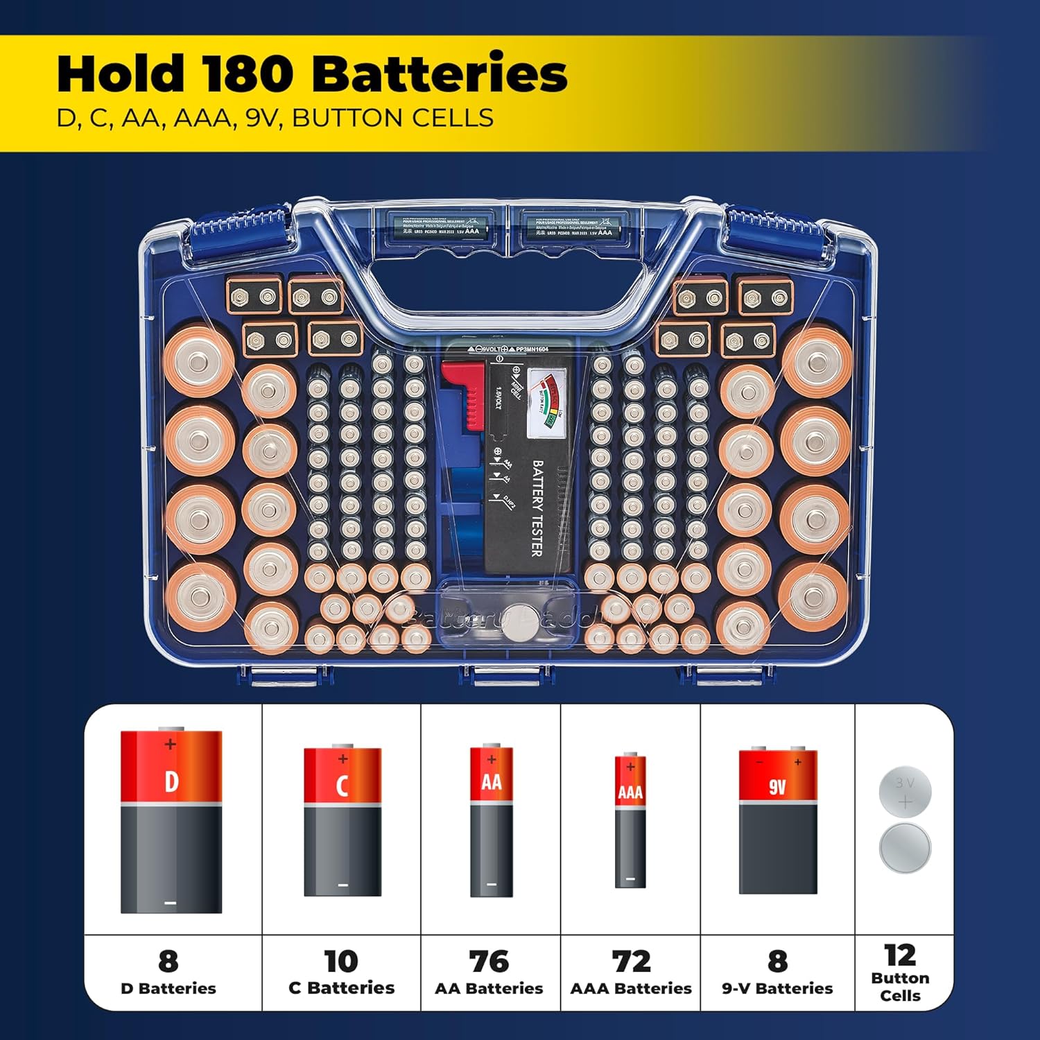 Ontel Battery Daddy Storage & Organizer Case with Tester, Stores & Protects Up to 180 Batteries, Double-Sided, Durable Design with Clear Locking Lid, Secure Latches & Portable Carrying Handle - Blue - Image 2