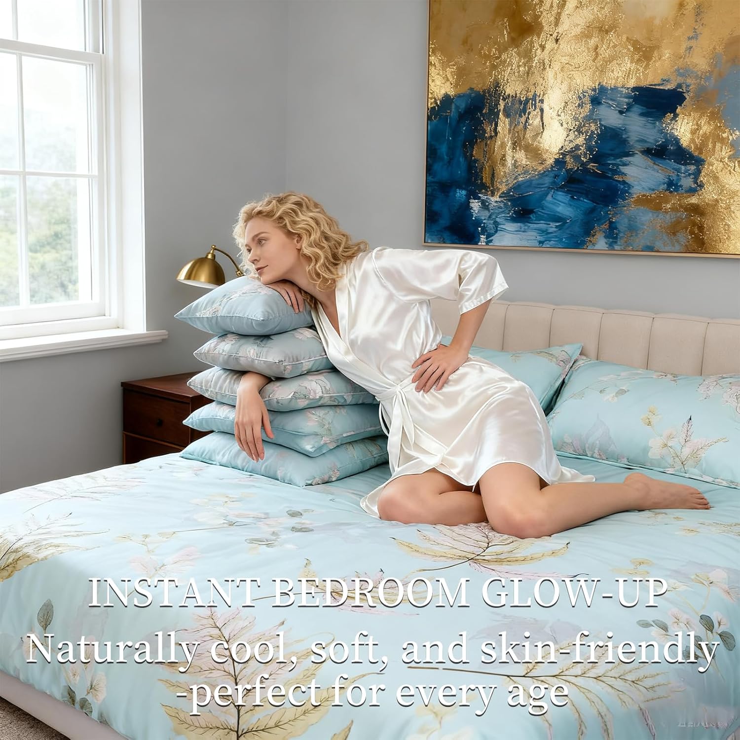 Large Bed Set - Floral Pattern Bed Set, 4-Piece Bedding, 1 Soft Plant Floral Duvet Cover, 1 Comfortable Plant Bed Sheet, and 2 Pillowcases (Leaf, King 104 * 90) - Image 2