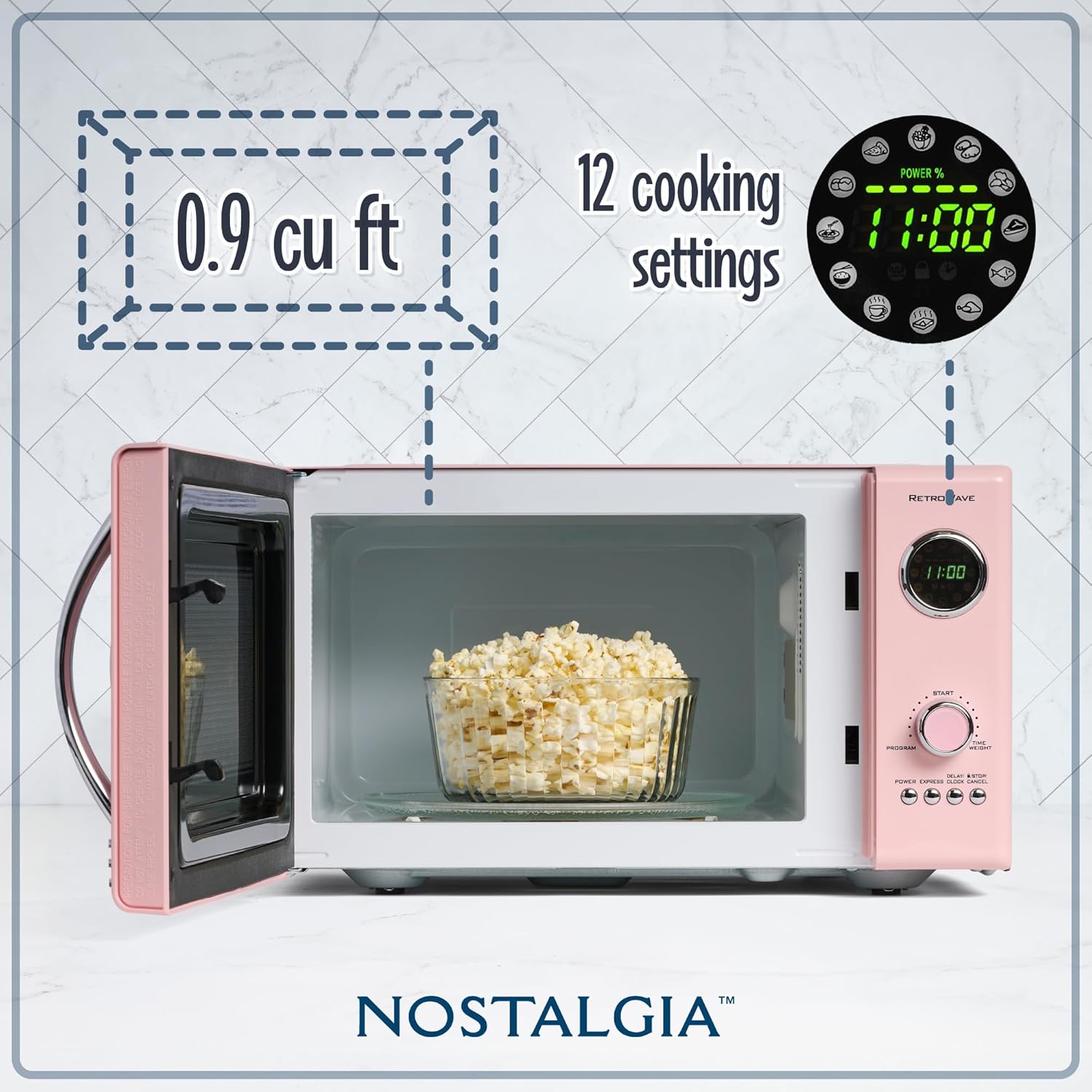 Nostalgia Retro Countertop Microwave Oven - Large 800-Watt - 0.9 cu ft - 12 Pre-Programmed Cooking Settings - Digital Clock - Kitchen Appliances - Pink - Image 2