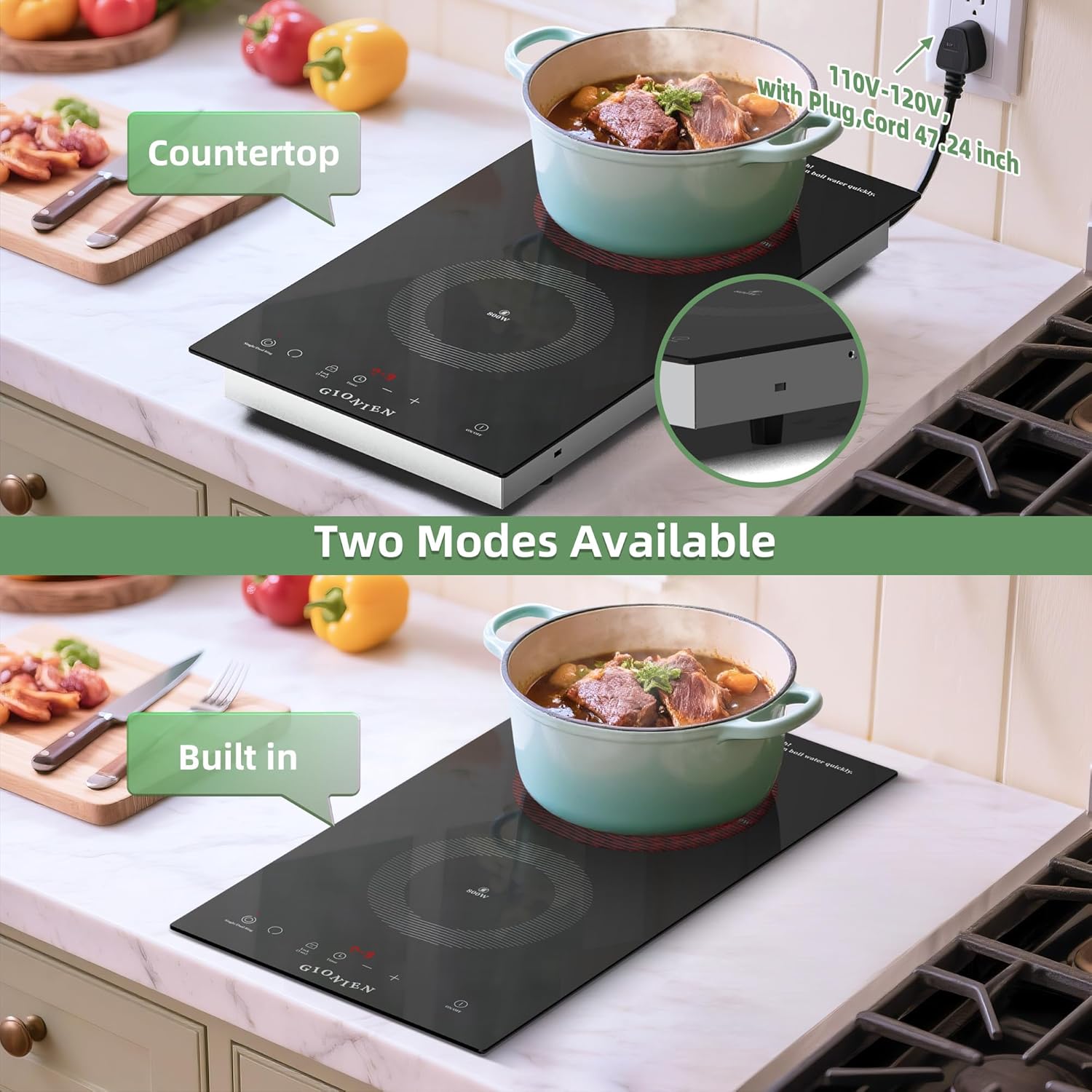 Electric Cooktop 2 Burners 110V~120V, 12'' Plug in Electric Stove Top,Countertop or Built-in,Ceramic Glass,Sensor Touch Control,Timer,9 Power Levels,Portable,1800W - Image 2
