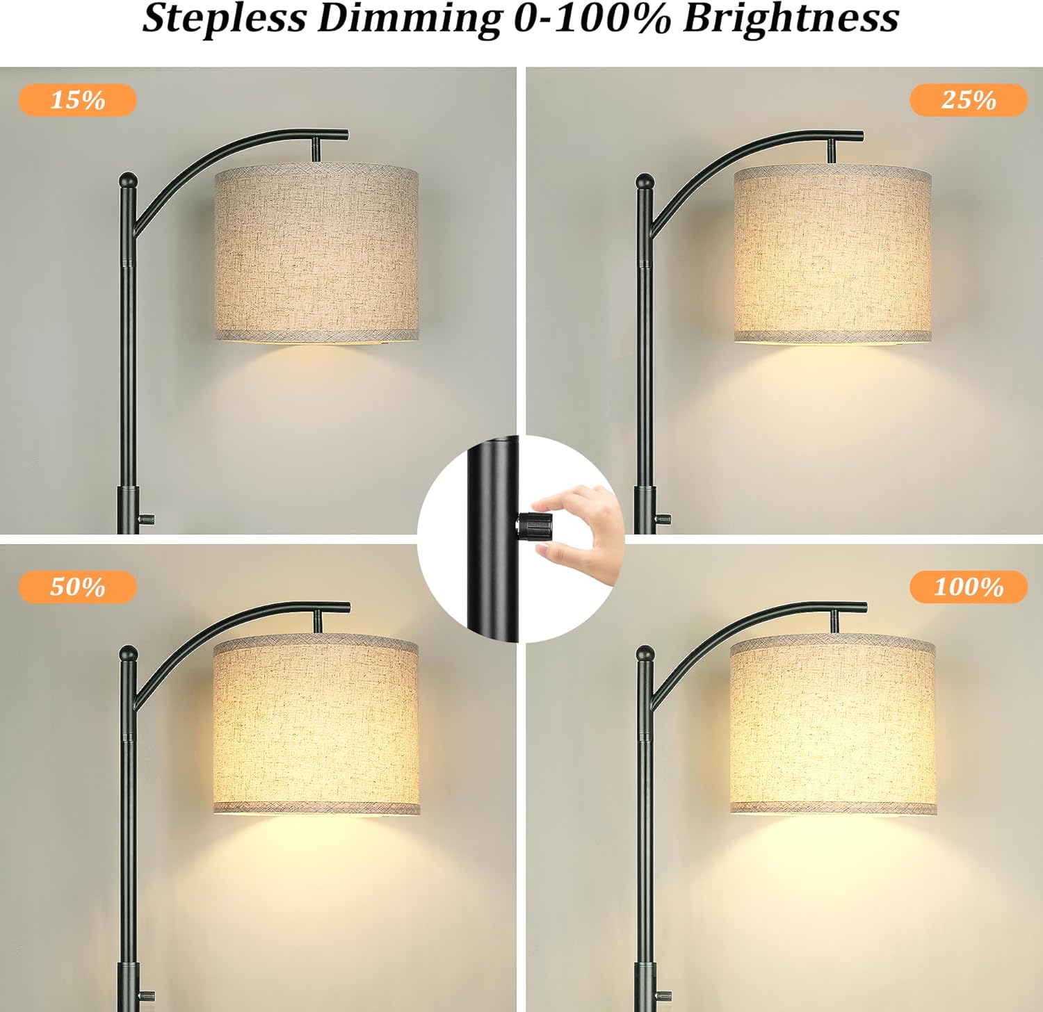 ROTTOGOON Dimmable Floor Lamp, Arc Floor Lamps for Living Room, Stepless Dimming Modern Standing Lamp with Linen Shade, Tall Lamp for Bedroom Office Dining Room- Black - Image 5