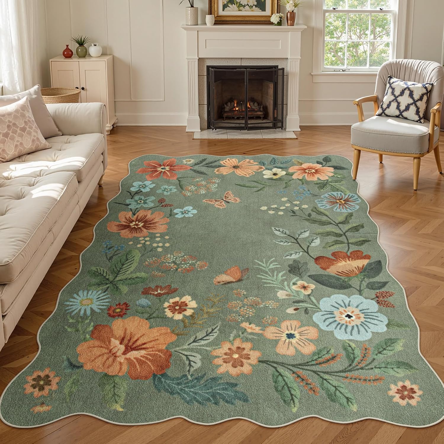 Lahome Floral Living Room Rugs, Area Rugs 5x7 Rug for Bedroom Ultra-Thin Soft Rug, Non-Slip Washable Rugs Stain Resistant Boho Low-Pile Throw Carpet for Dining Room Office (5x7ft,Green)