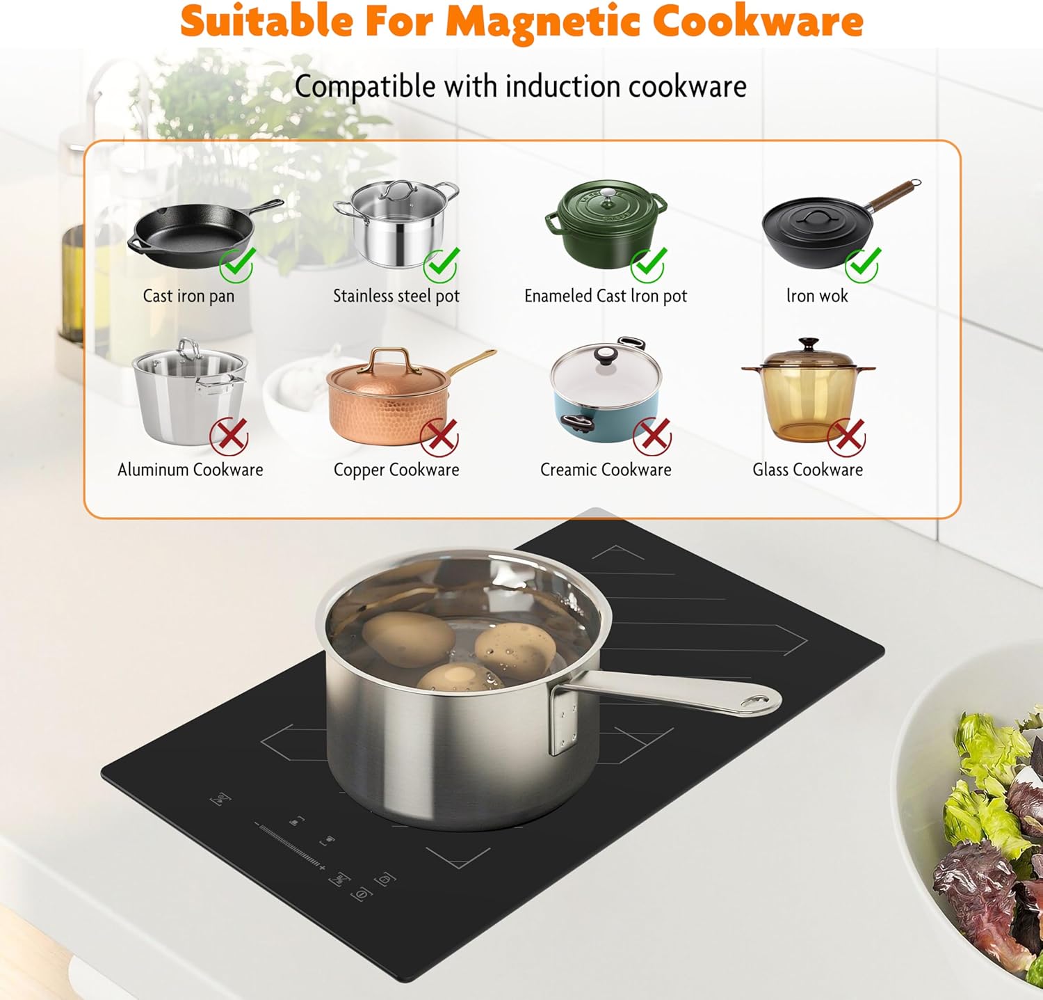 12 Inch Induction Cooktop 2 Burners, 1700W Built-in & Countertop Electric Stove with Plug, Slide Control, 9 Power Levels, Timer & Child Lock, 120V for Fast Heating - Image 4