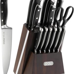 OOU 2025 Kitchen Knife Set with Block, 15-Piece German Stainless Steel Knife Blcok Set with Sharpening Rod, Ergonomic Wood Handle,Premium Razor-Sharp Knives Set for Kitchen