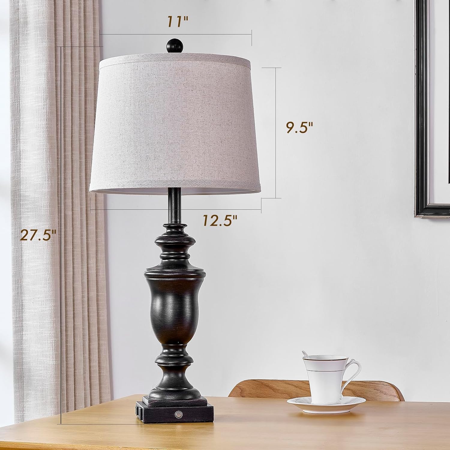 27.5" Set of 2 Farmhouse Table Lamps for Bedroom, 3 Way Dimmable Bedside Lamp with 2 USB +AC Outlet Nightstand Lamps for Living Room Resin Rustic Touch Lamps (Antique Black) - Image 6
