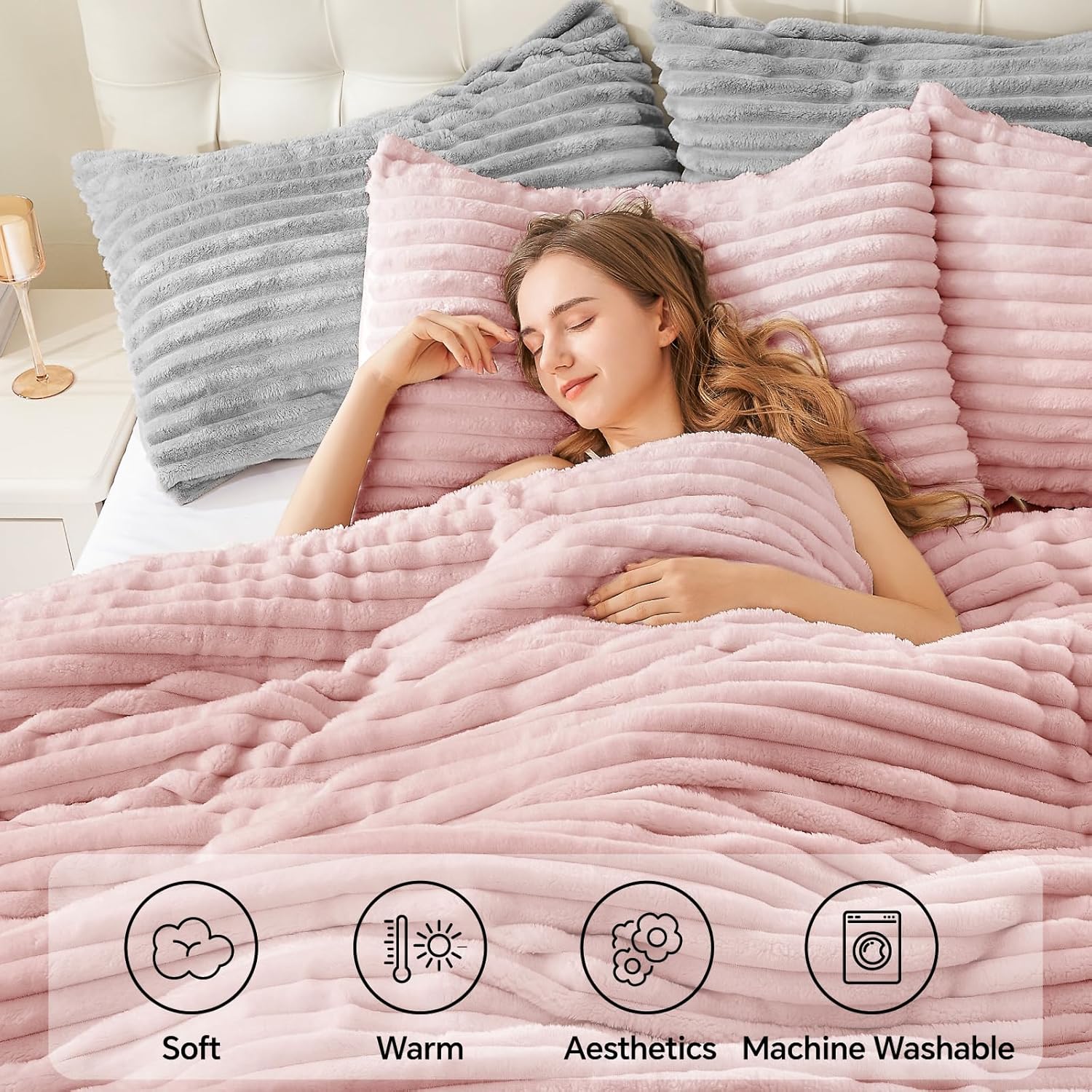 BEDELITE Fleece Queen Comforter Set -Super Soft & Warm Fluffy Pink Bedding, Luxury Fuzzy Heavy Bed Set for Winter with 2 Pillow Cases - Image 3