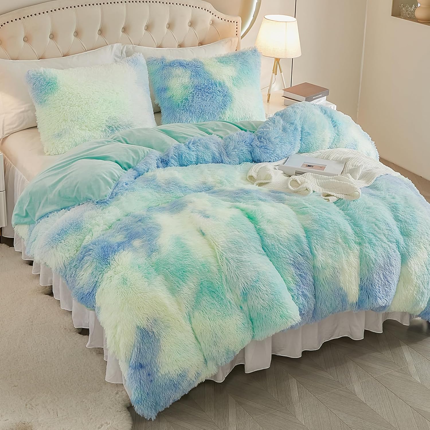 EMME Luxury Blue Fuzzy Duvet Cover Set Twin Size Fluffy Comforter Cover Set 2 Pieces Shaggy and Plush Soft Bedding Duvet Covers (Tie Dye Blue, Twin) - Image 4