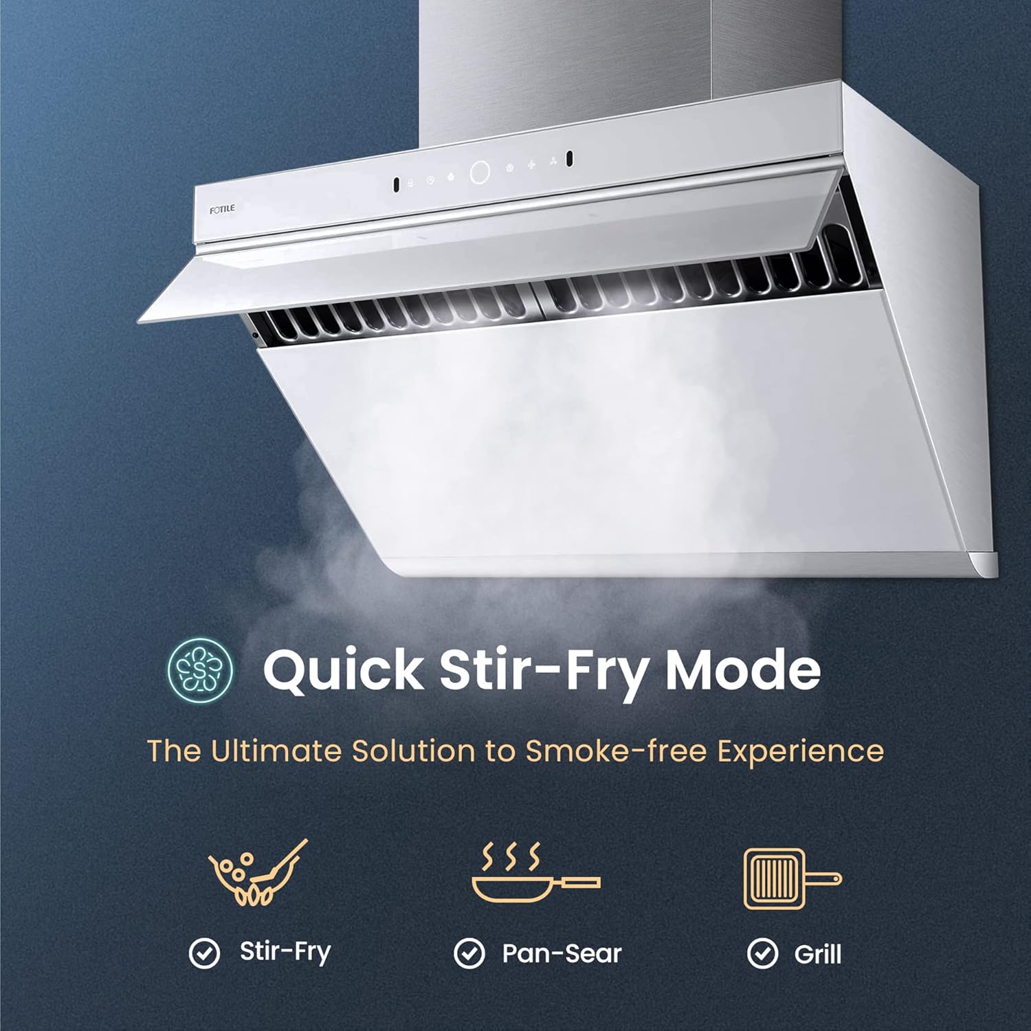FOTILE JQG7505-W 30" Under-Cabinet or Wall-Mount Range Hood | Dual DC-Motor | Slant Vent Series | Motion Activate| Touchscreen with 4 Speed Level | Modern Kitchen Pure White Schott Glass - Image 4