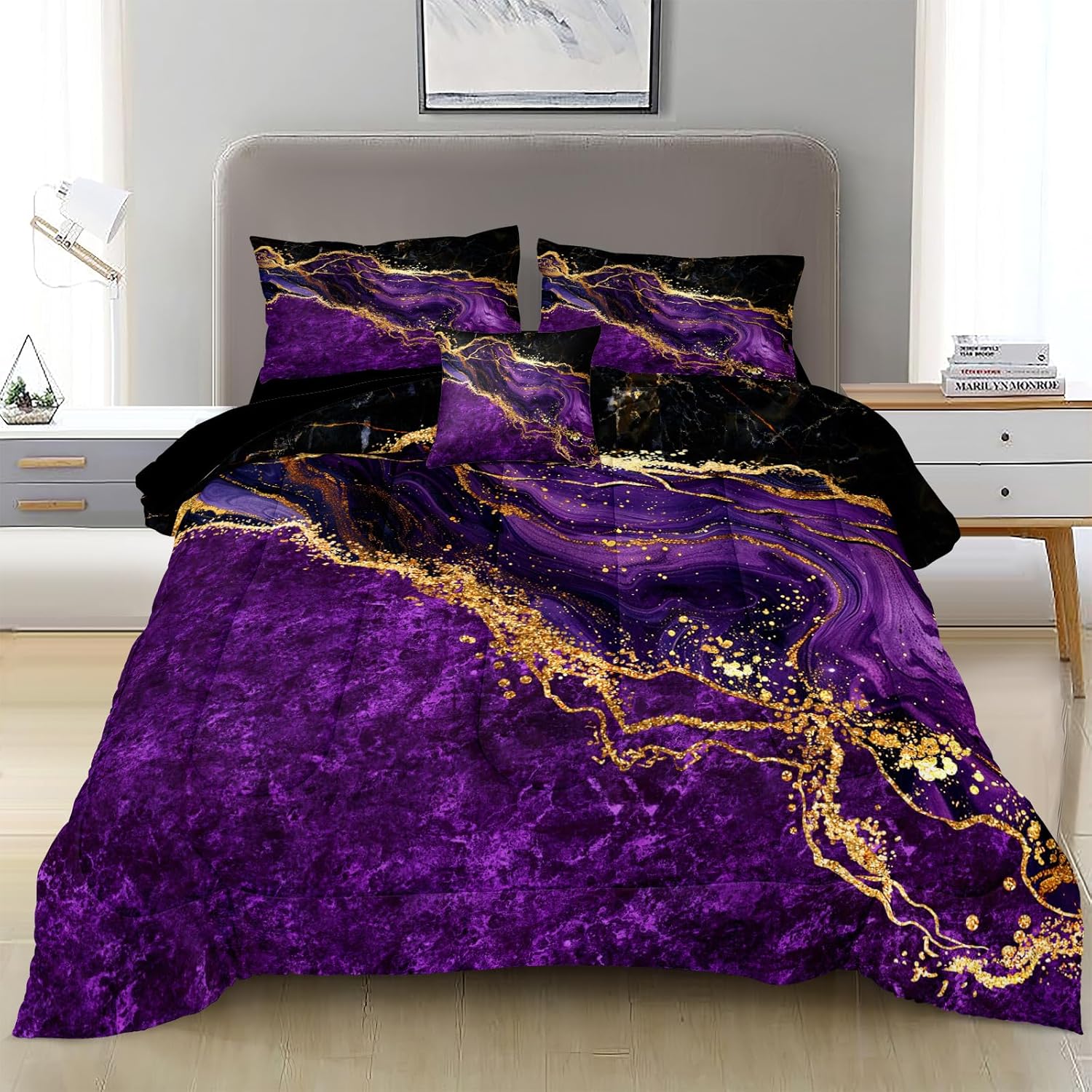 Black Gold Comforter Set Purple Marble Bedding Set King Size Black Marble Stone Abstract Artwork Bedroom Decor Black Marble Comforter Sets for All Season - Image 8