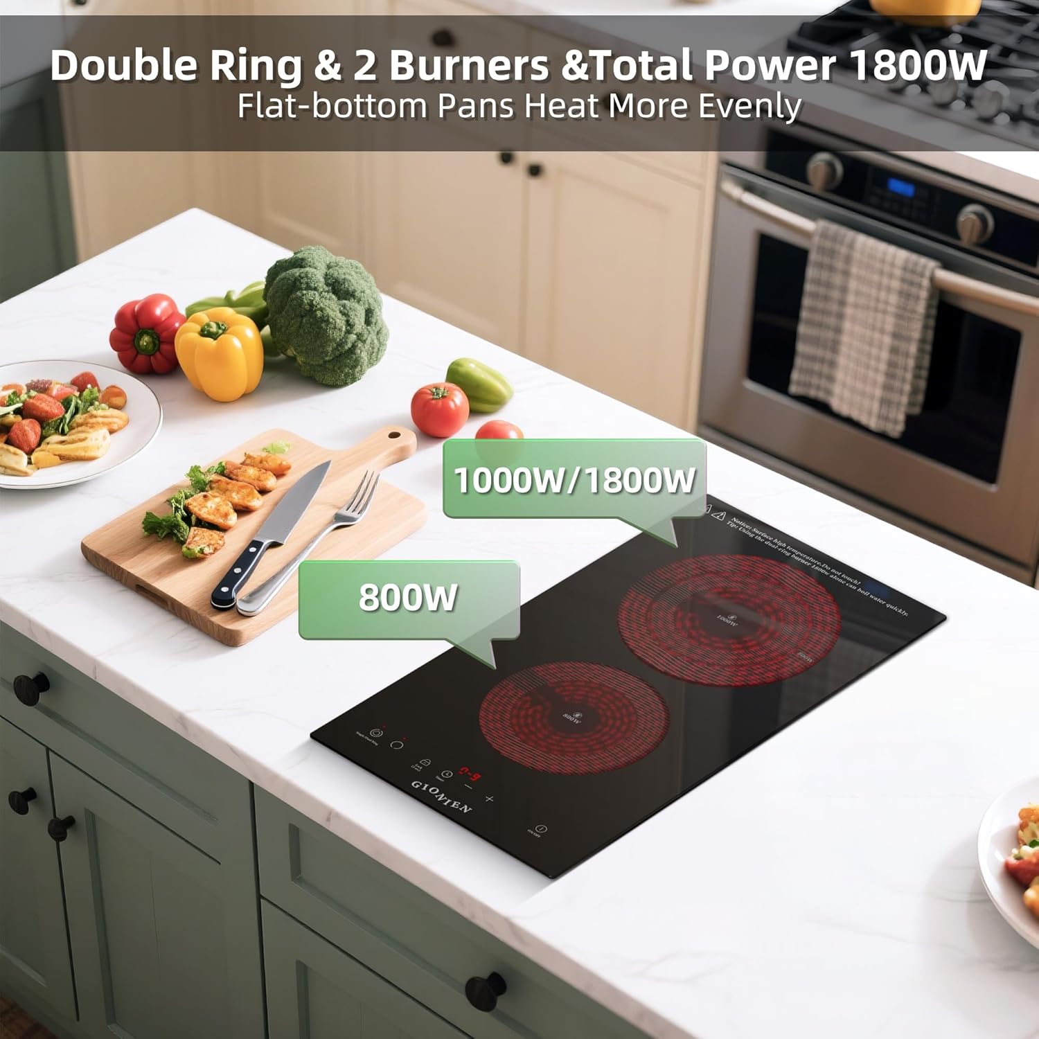 Electric Cooktop 2 Burners 110V~120V, 12'' Plug in Electric Stove Top,Countertop or Built-in,Ceramic Glass,Sensor Touch Control,Timer,9 Power Levels,Portable,1800W - Image 8