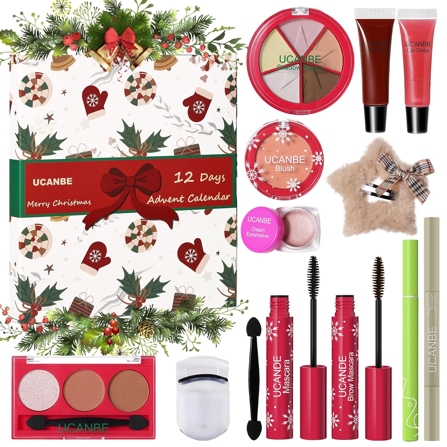 UCANBE Makeup Advent 2025, 12 Days Christmas Countdown Calendar Surprise Gift Kit, Festival Holiday Xmas Cosmetic Starter Makeup Set with 12 Beauty Boxes for Teens Girls Women