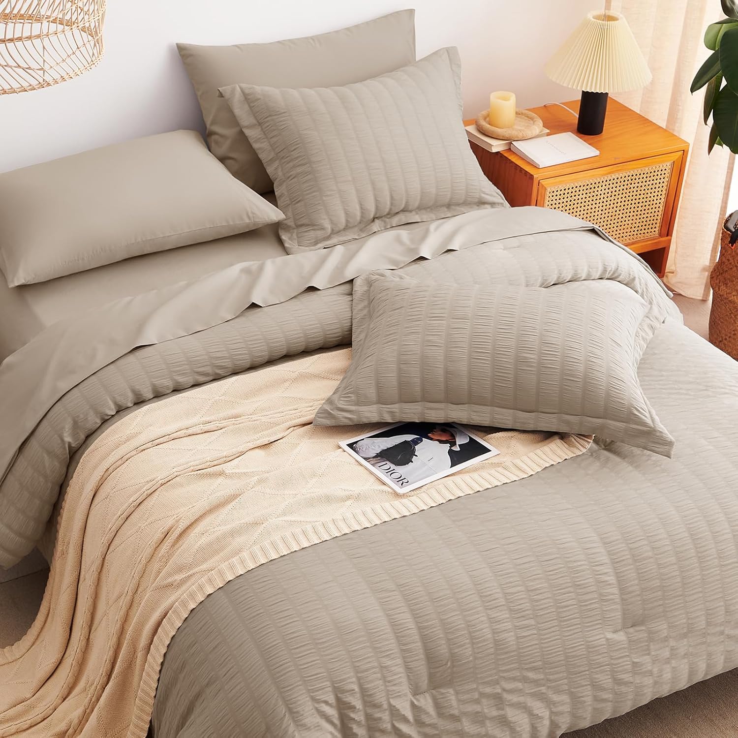 CozyLux Queen Comforter Set Khaki Seersucker 7 Pieces Bed in a Bag Queen Comforter Set with Sheets, Luxury Soft Bedding Set with Down Alternative Comforter, Sheets, Pillowcases & Shams for All Seasons - Image 4