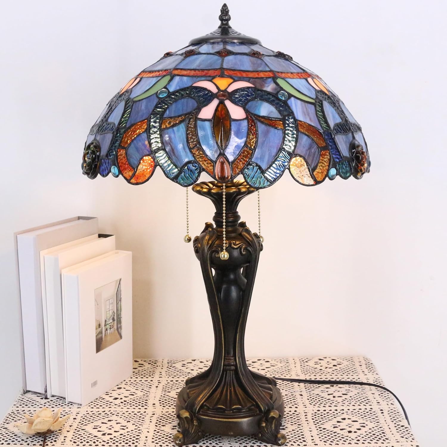 Large Tiffany Lamp Shade Replacement Only 16Inch Stained Glass Lampshade Fit For Table Lamps FLoor Lamp Ceiling Fixture Pendant Hanging Light Home Office Decoration (Blue purple) - Image 5