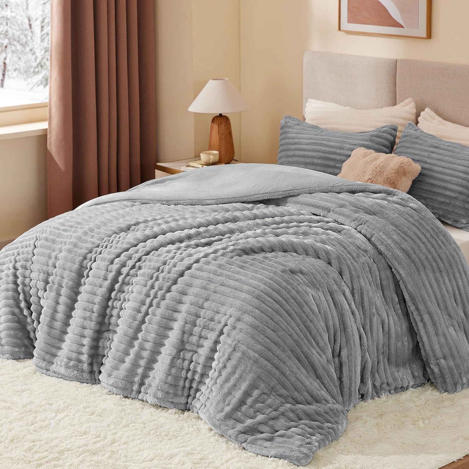 BEDELITE Fleece Queen Comforter Set -Super Soft & Warm Fluffy Light Grey Bedding, Luxury Fuzzy Heavy Bed Set for Winter with 2 Pillow Cases - Image 2
