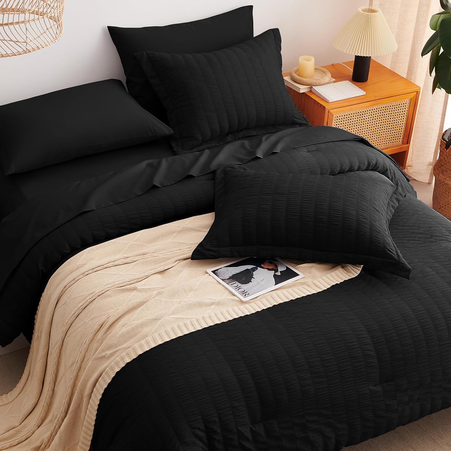 CozyLux Queen Comforter Set Black Seersucker 7 Pieces Bed in a Bag Queen Comforter Set with Sheets, Luxury Soft Bedding Set with Down Alternative Comforter, Sheets, Pillowcases & Shams for All Seasons - Image 6