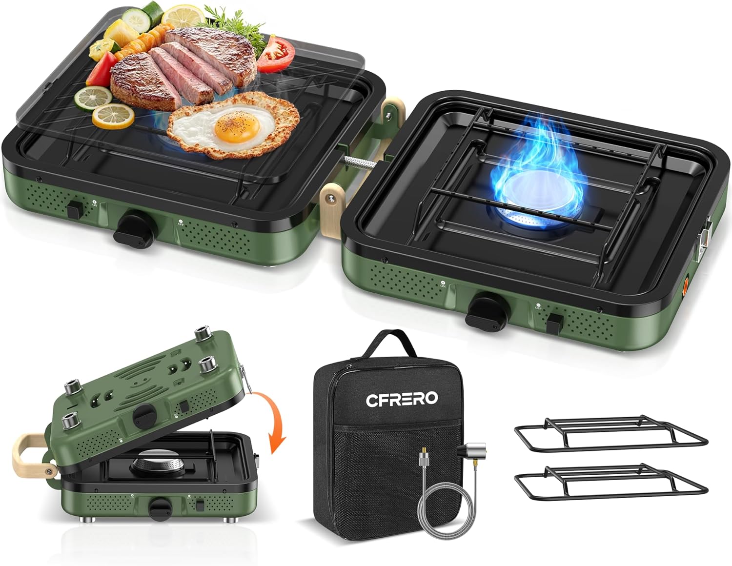 Propane 2-Burner Foldable Camping Stove with Carry Bag, Portable Propane Camp Stoves with Adjustable Burners & Piezo Ignition for Outdoor Cooking, Tailgating, Backyard Gathering(Griddle Not Included)