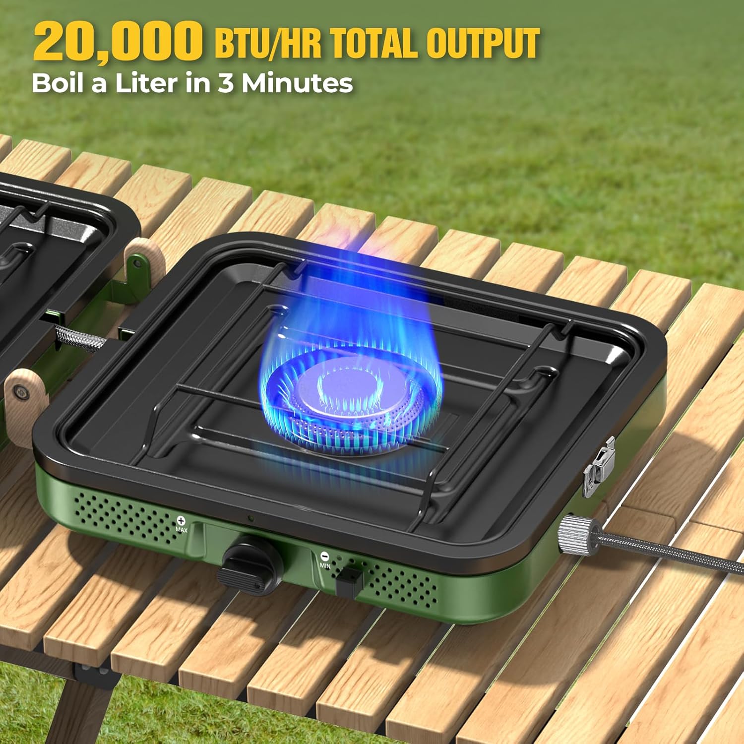 2 Burner Camping Stove, 20000 BTU Propane Camp Stove Portable Folding Gas Stove Camping Essentials Gears Includes Grill,Carrying Bag, Adjustable Burners & Piezo Ignition for Tailgating,BBQ,Camp - Image 4