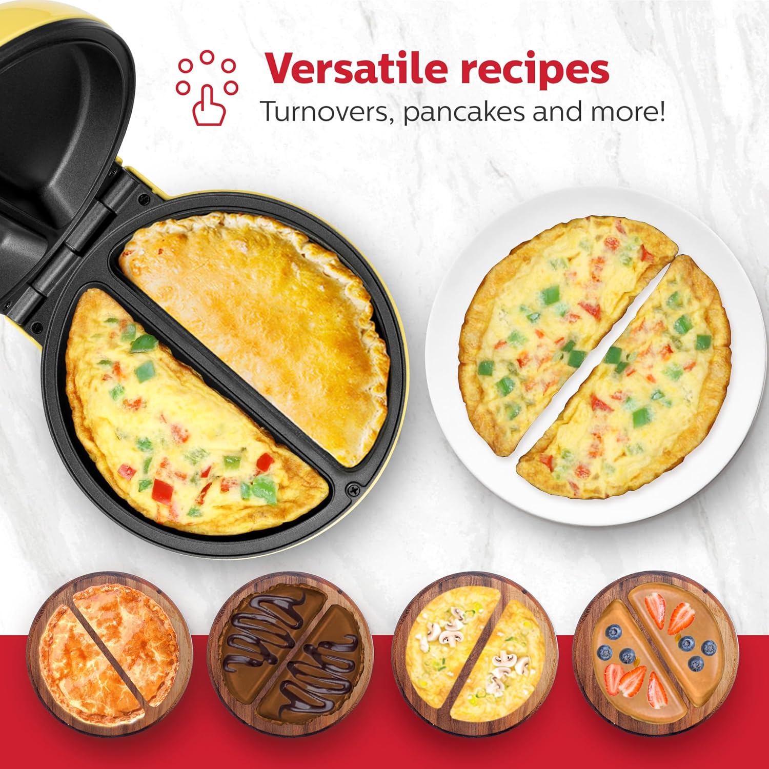Holstein Housewares Stainless Steel 2 Section Omelet & Frittata Maker, Non Stick Coating, Easy To Clean, Indicator Lights, Compact Storage, Prepare Versatile Recipes in Minutes. 2 Portions, Yellow - Image 6