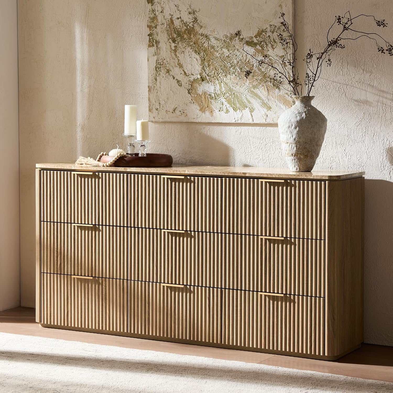 Fluted 9 Drawer Dresser for Bedroom, 63″ Wide Modern Chest of Drawers with Faux Marble Top, Curved Corners Design, Wooden Dresser TV Stand with Organizer Storage for Living Room (Natural Oak, 63″ W)