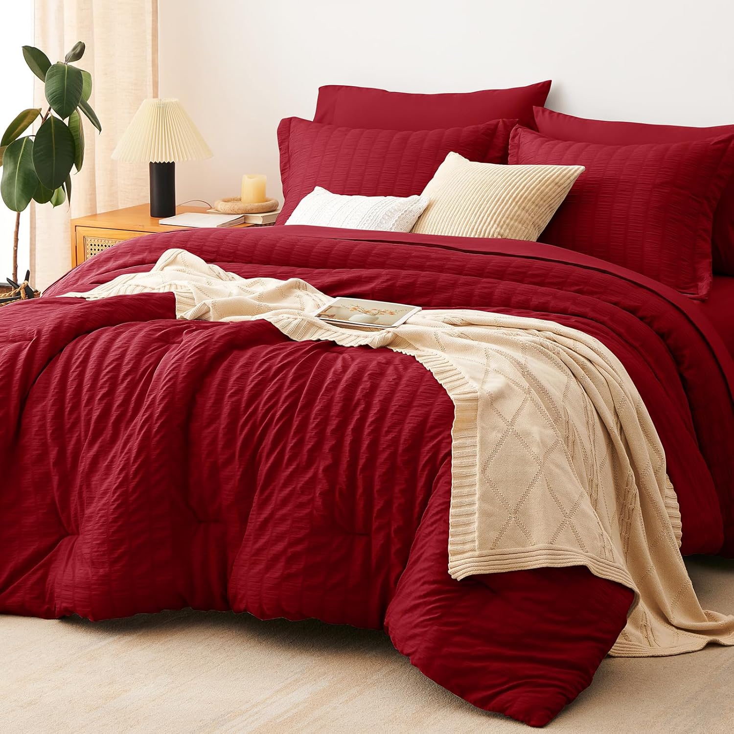 CozyLux Full Size Comforter Sets with Sheets Seersucker 7 Pieces Dark Red Bed in a Bag Textured Luxury Soft Bedding Set with Down Alternative Comforter, Sheets, Pillowcases & Shams for All Seasons