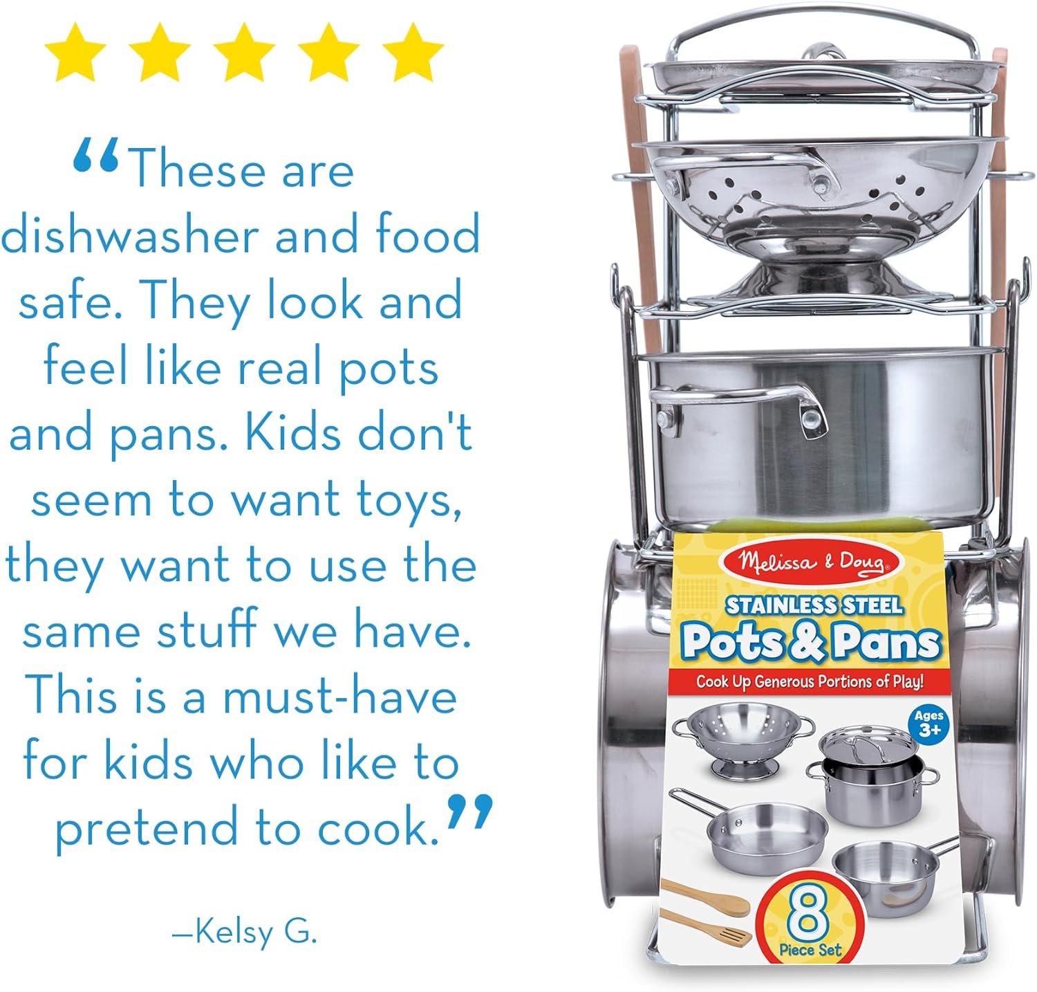 Melissa & Doug Stainless Steel Pots & Pans, 8 Piece Play Kitchen Set, Premium Play Kitchen Accessories & Cooking Utensils, Preschool Toys for Kids 3+ - Image 7