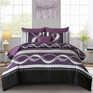 Purple Comforter Set Queen Size, 8 Pieces Bed in a Bag Patchwork Striped Comforter Set, Soft Microfiber Boho Bedding Set for All Season(90"×90")