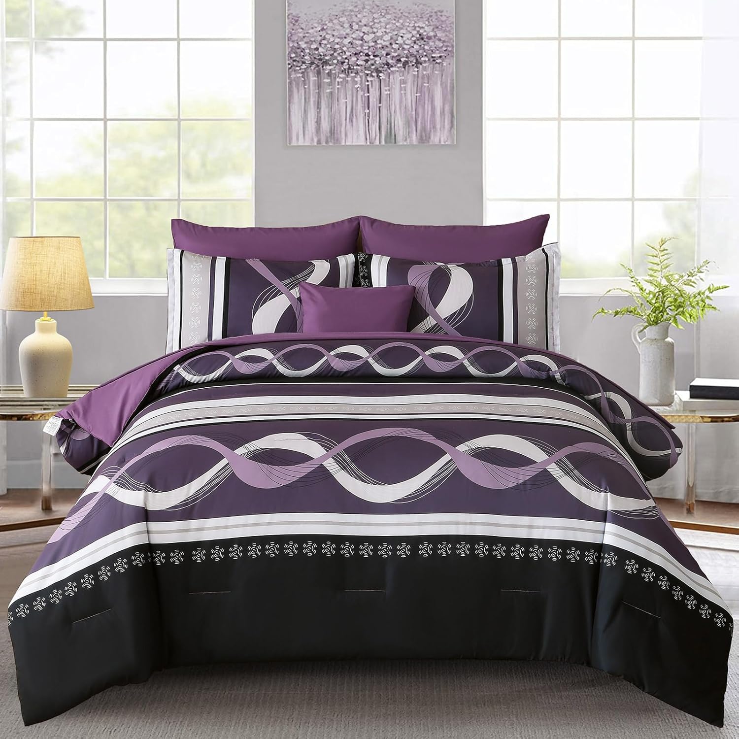 Purple Comforter Set Queen Size, 8 Pieces Bed in a Bag Patchwork Striped Comforter Set, Soft Microfiber Boho Bedding Set for All Season(90″×90″)