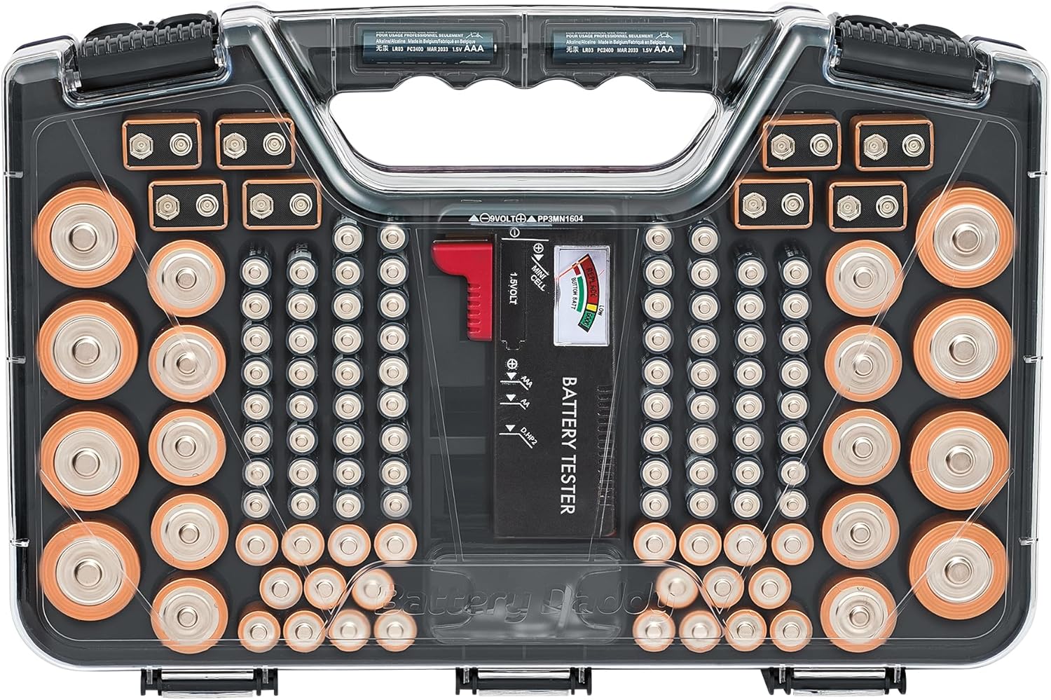 Ontel Battery Daddy Storage & Organizer Case with Tester, Stores & Protects Up to 180 Batteries, Double-Sided, Durable Design W/Clear Locking Lid, Secure Latches & Portable Carrying Handle - Charcoal - Image 8