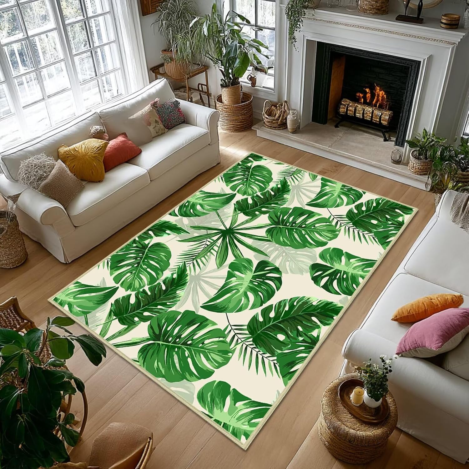 Sage Green Leaves Area Rug 5×7,Plant Leaf Print Area Carpets for Bedroom,Botanical Print,Ultra-Thin Washable Throw Floor Rugs Indoor Non Slip Accent Floor Mats for Living Room,Dining Room,Laundry Room
