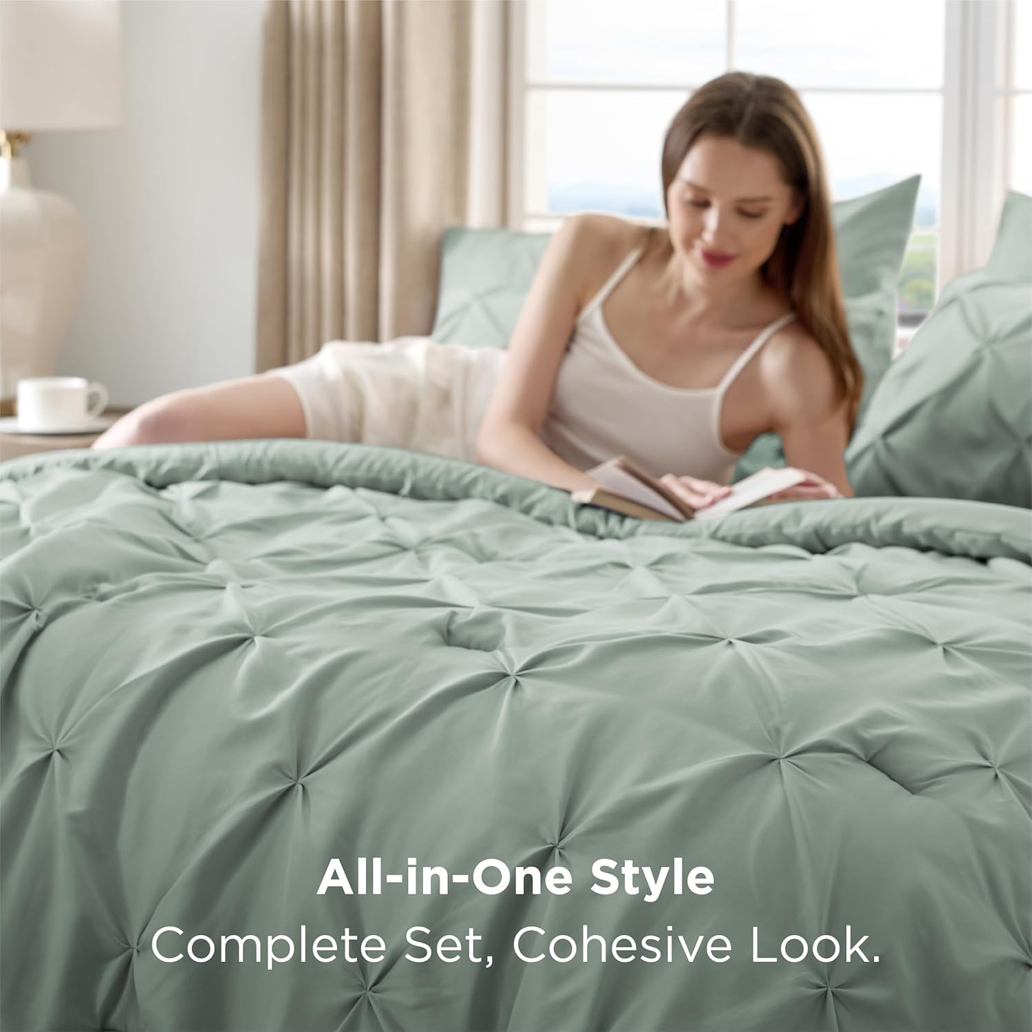 Bedsure Queen Comforter Set Sage Green - Bed in a Bag Queen Size Bedding 7 Pieces, GentleSoft™ Pintuck Bed Set Gift for Family, Pinch Pleat All Season Comforter with Sheets, Pillowcases & Shams - Image 3