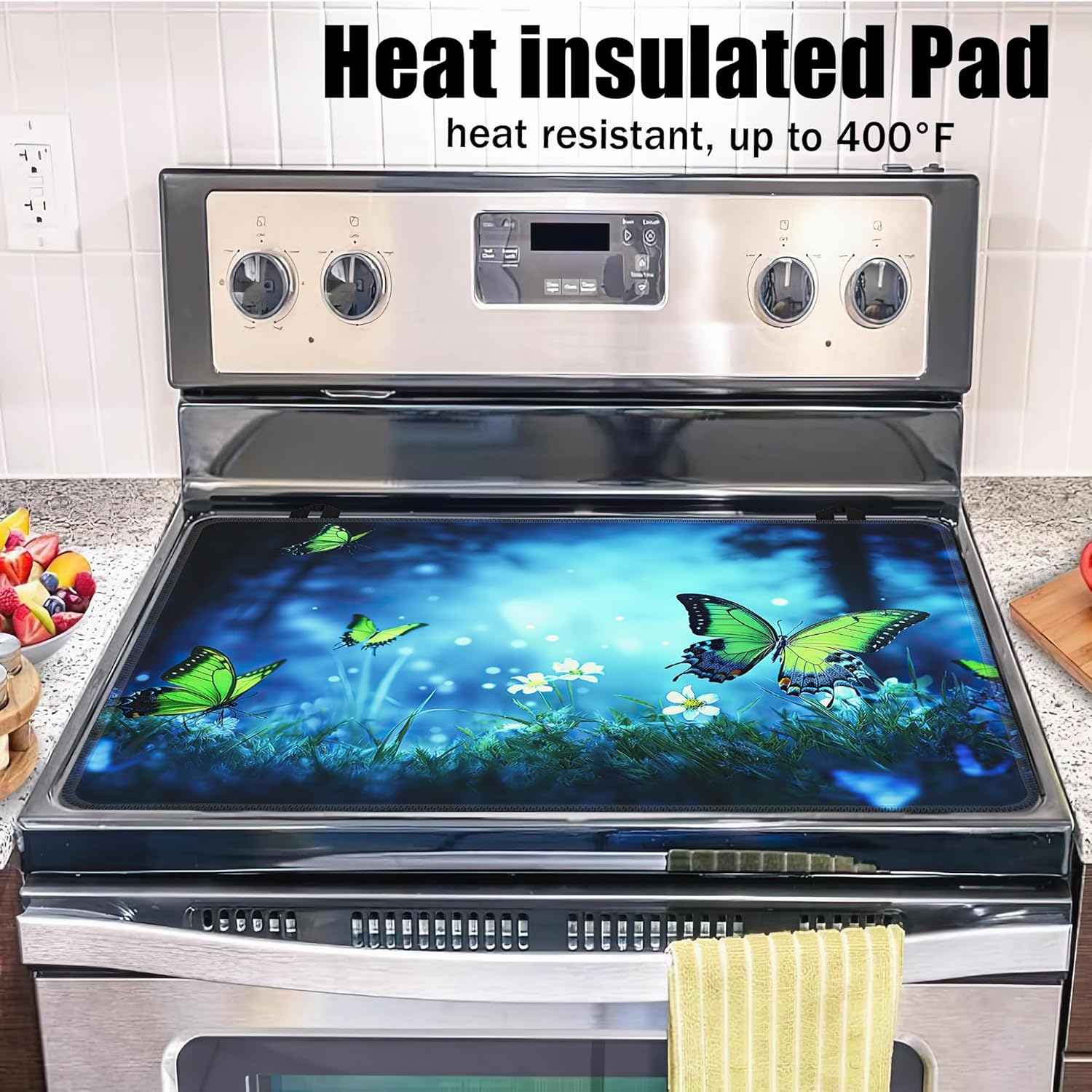 Electric Stove Top Cover,Green Butterfly Stove Cover for Glass Top Electric Stove,Mystery Forest Wildflower Heat Resistant Flat Top Stove Mat Countertop Protector, 28 x 20 Inch - Image 5