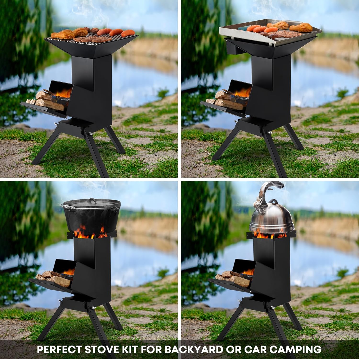 Stanbroil 3 in 1 Rocket Stoves with Grill Rack, Griddle and Pot Cooking Stand, Heavy Duty Wood Burning Stoves for Cooking, Camping wood Stove Kit for Off-Grid Supply, Outdoor Grilling Event - Image 6