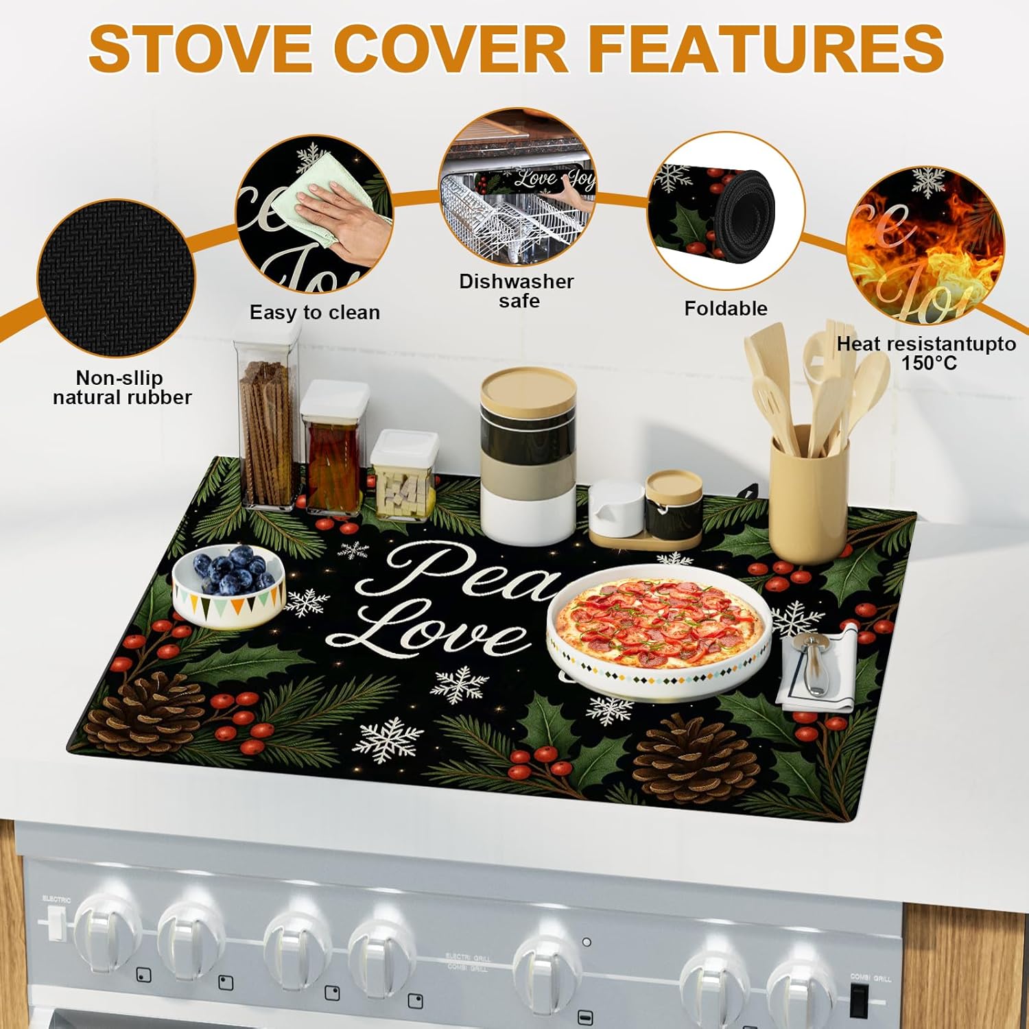 Winter Stove Cover for Electric Stove (28.5"x20.5") , Stove Top Cover with Snowflakes Pinecones and Holly Leaves, Farmhouse Holiday Kitchen Decor, Heat Resistant Stove Protector - Image 6