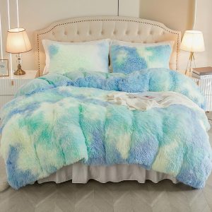 EMME Luxury Blue Fuzzy Duvet Cover Set Twin Size Fluffy Comforter Cover Set 2 Pieces Shaggy and Plush Soft Bedding Duvet Covers (Tie Dye Blue, Twin)