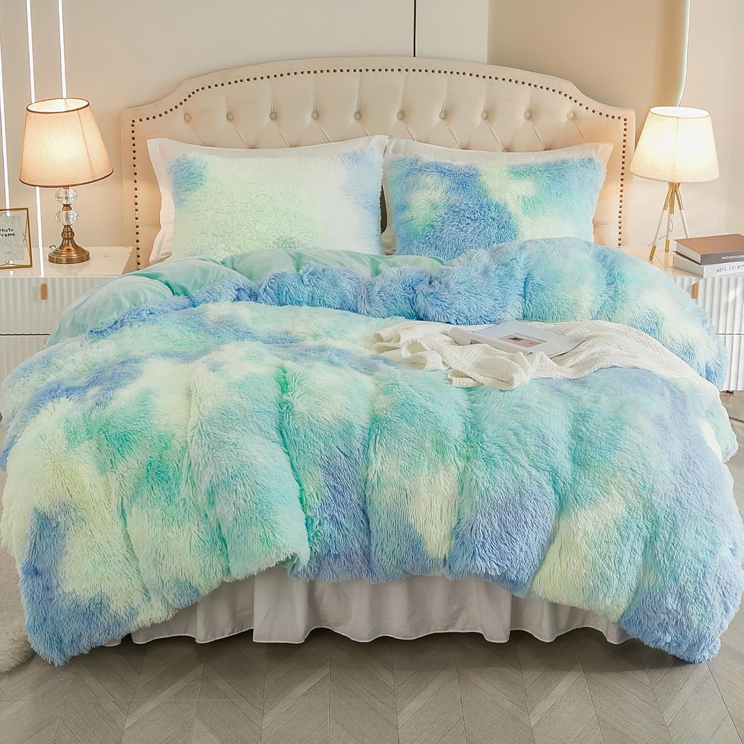 EMME Luxury Blue Fuzzy Duvet Cover Set Twin Size Fluffy Comforter Cover Set 2 Pieces Shaggy and Plush Soft Bedding Duvet Covers (Tie Dye Blue, Twin)
