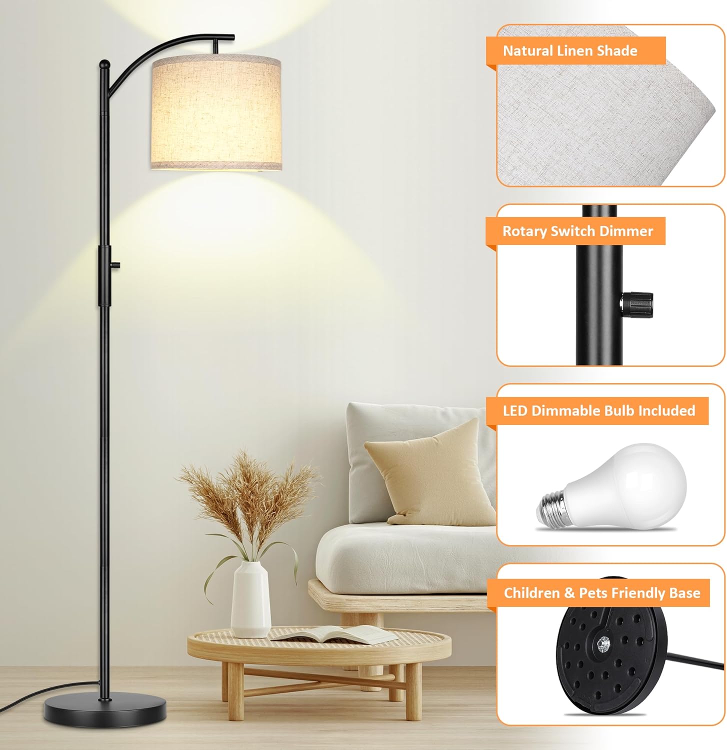 ROTTOGOON Dimmable Floor Lamp, Arc Floor Lamps for Living Room, Stepless Dimming Modern Standing Lamp with Linen Shade, Tall Lamp for Bedroom Office Dining Room- Black - Image 6