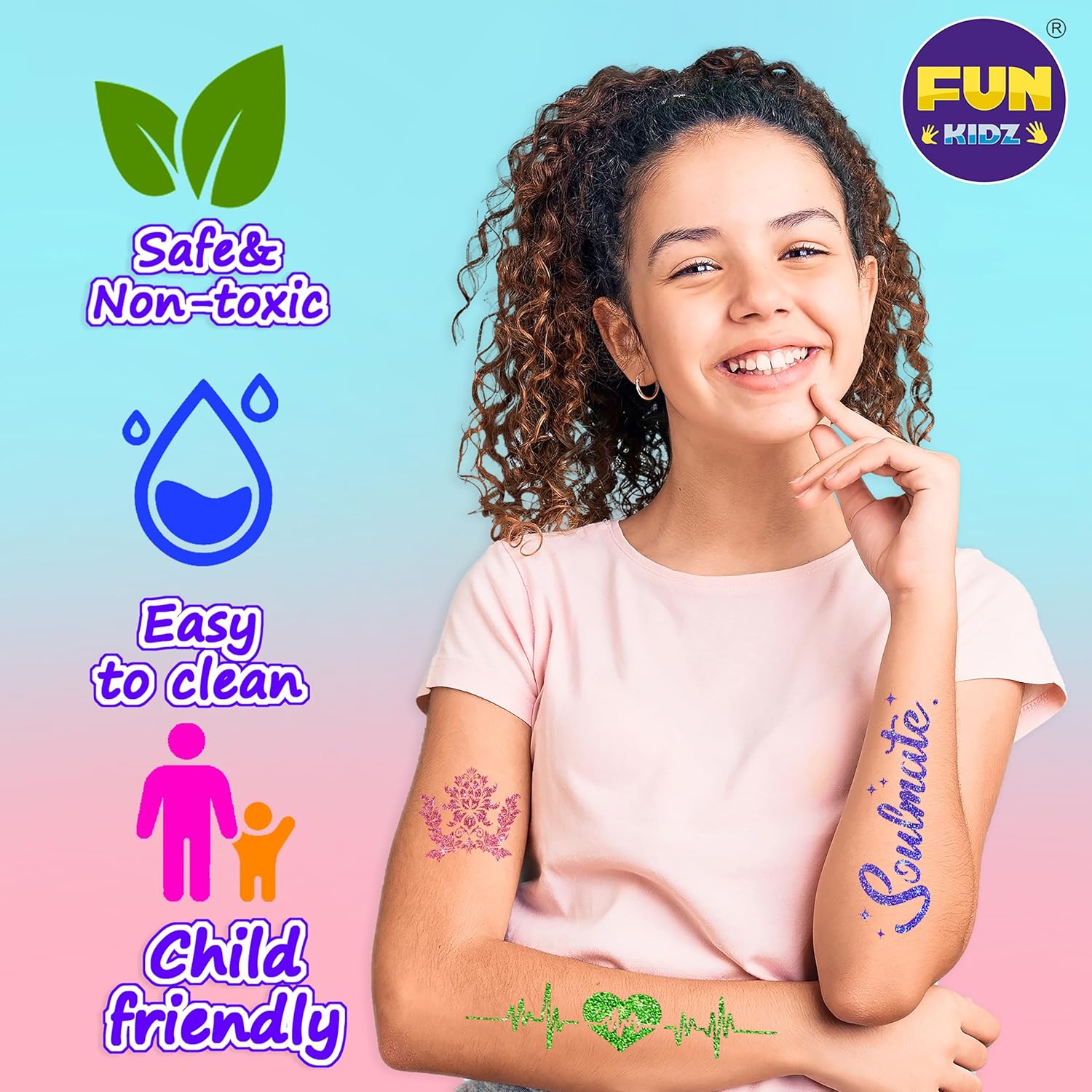 Tattoo Kit for Kids Ages 8-12, FunKidz 6 Double Tips Sparkle Brush Body Art Markers for Skin Plus Temporary Glitter Tattoo Kits With 106 Cute Tattoo Stencils Tattoo Glues Cool Presents for Tween Girls - Image 2