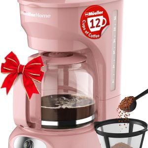 MUELLER HOME 12-Cup Pink Coffee Maker - Borosilicate Carafe, Auto-Off, Pink Kitchen Accessories, Reusable Filter, Anti-Drip, Appliances, Keep-Warm Function, Kitchen Décor