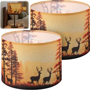 Lamp shades Set of 2, Medium Drum Deer Fabric Lampshades for Table Lamps, Floor Lamps, 13"x10" Hand Crafted Vintage Replacement Lampshades Art Deco Printed Natural Linen Required Assembly