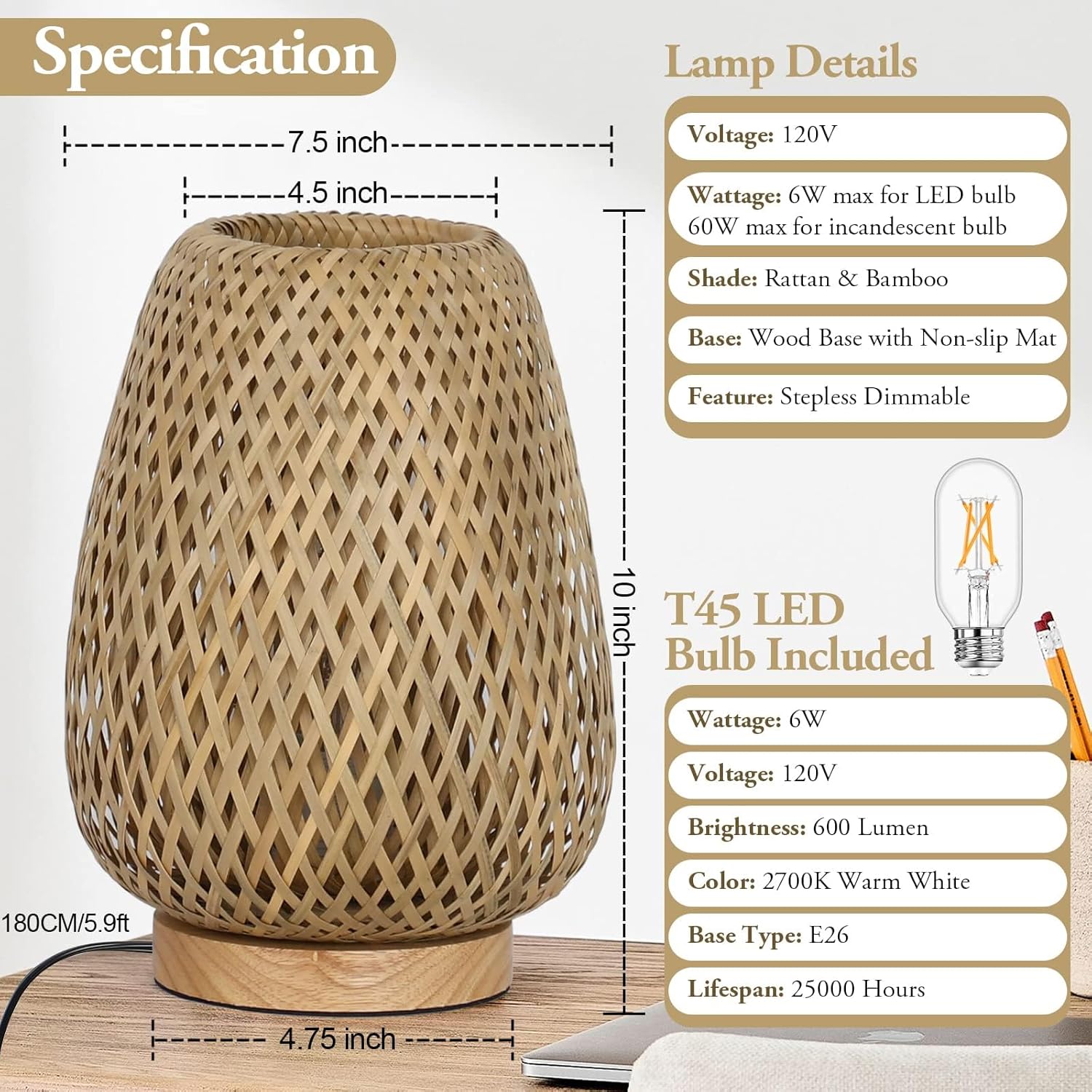 Rattan Table Lamp, Stepless Dimmable Small Beside Lamp, Vintage Wicker Wooden Nightstand Boho Bamboo Woven End Table Lamps for Bedroom Living Room Desk Kids Room, 2700K T45 LED Bulb Included - Image 6