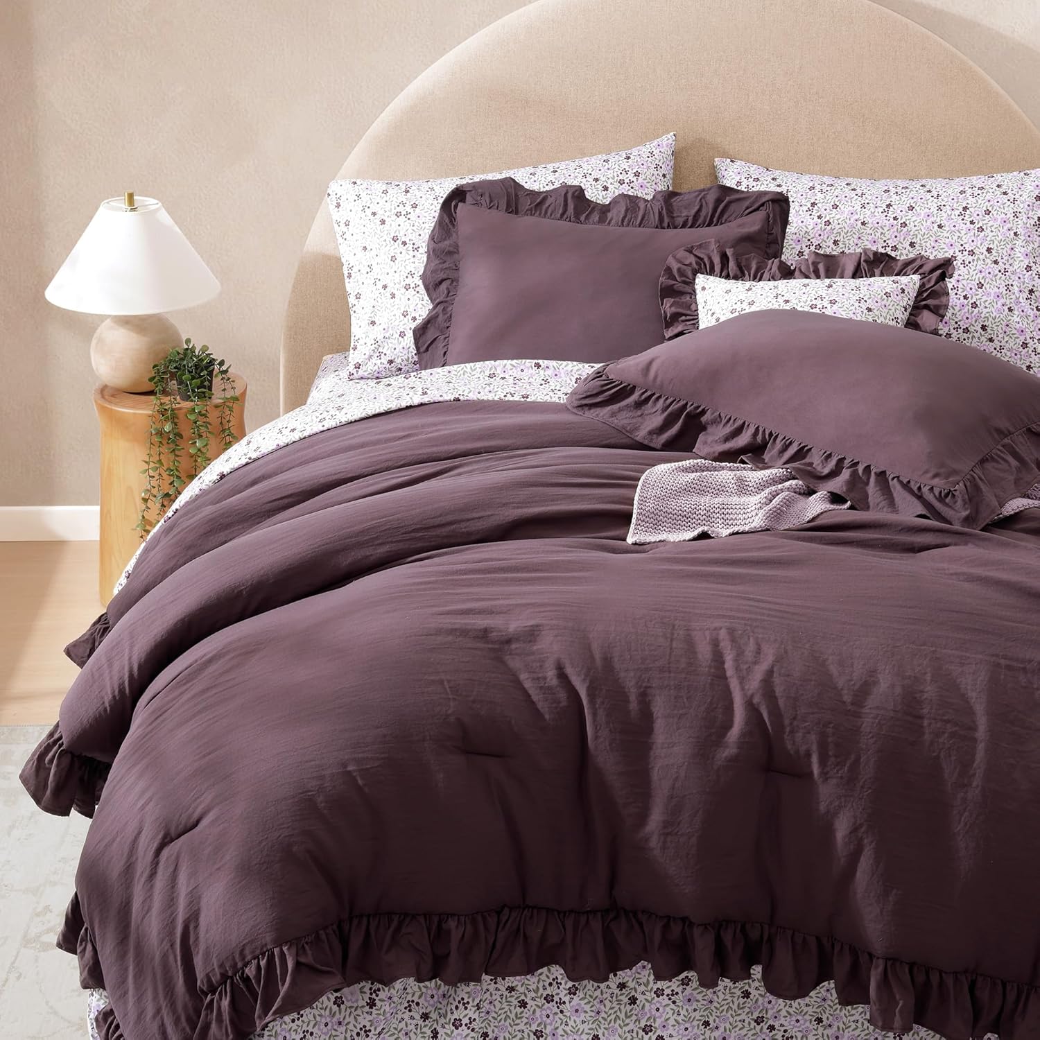 Queen Comforter Set - 7 Pieces Ruffle Purple Bedding Sets, Shabby Chic Farmhouse Bed in a Bag Queen with Ruffle Comforter, Floral Sheets, Pillowcases & Shams - Image 5