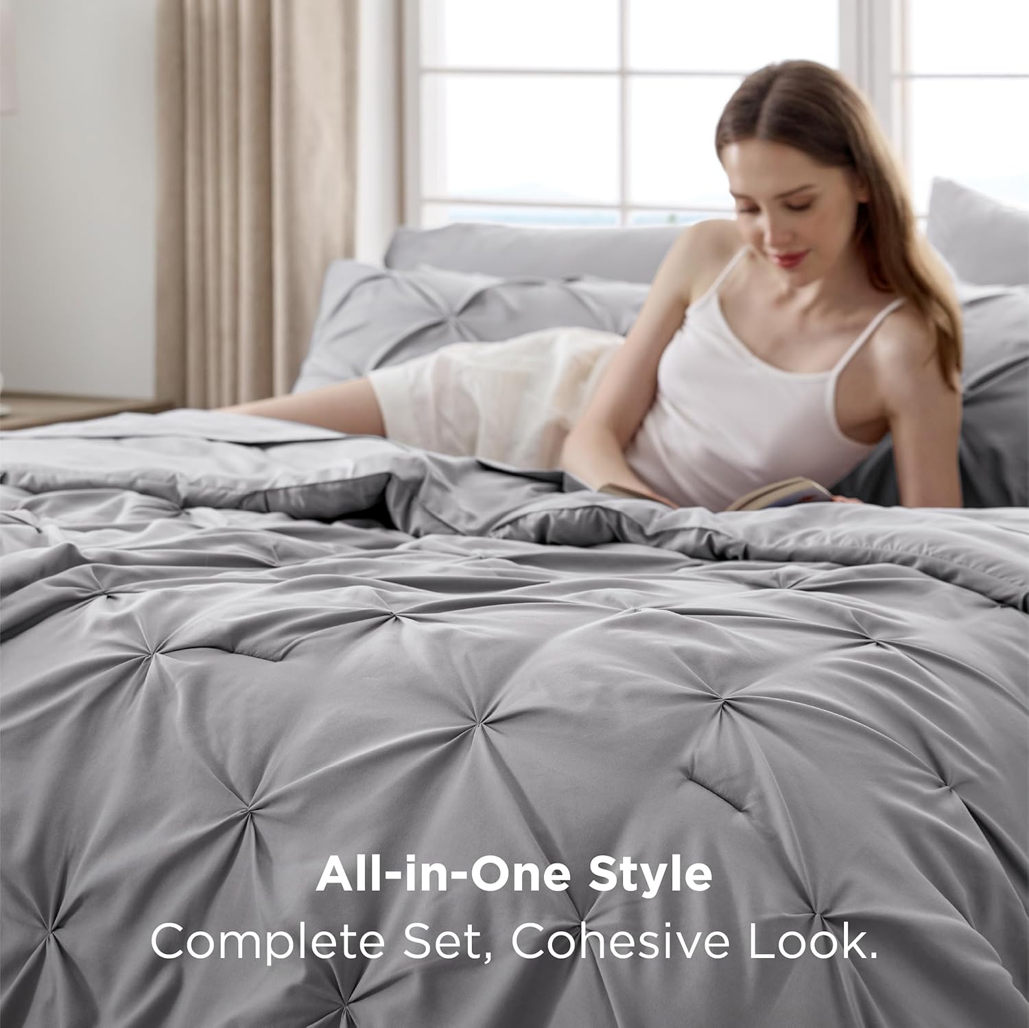Bedsure Queen Comforter Set Grey - Bed in a Bag Queen Size Bedding 7 Pieces, GentleSoft™ Pintuck Bed Set Gift for Family, Pinch Pleat All Season Comforter with Sheets, Pillowcases & Shams - Image 6