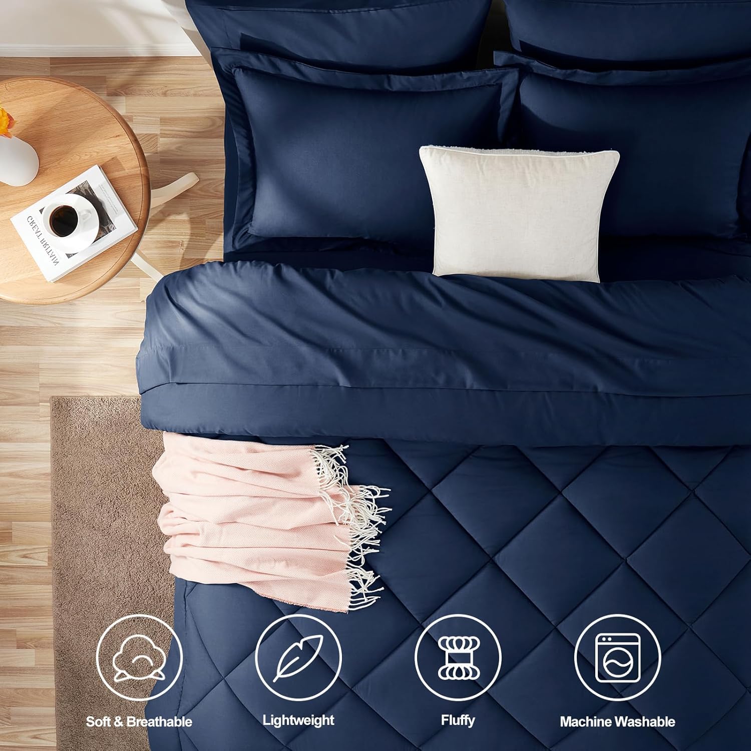 CozyLux Queen Comforter Set Navy Blue - Bed in a Bag Queen Size 7 Pieces, Luxury Soft Bed Set for All Seasons, Bedding Set with Down Alternative Comforter, Sheets, Pillowcases & Shams - Image 2