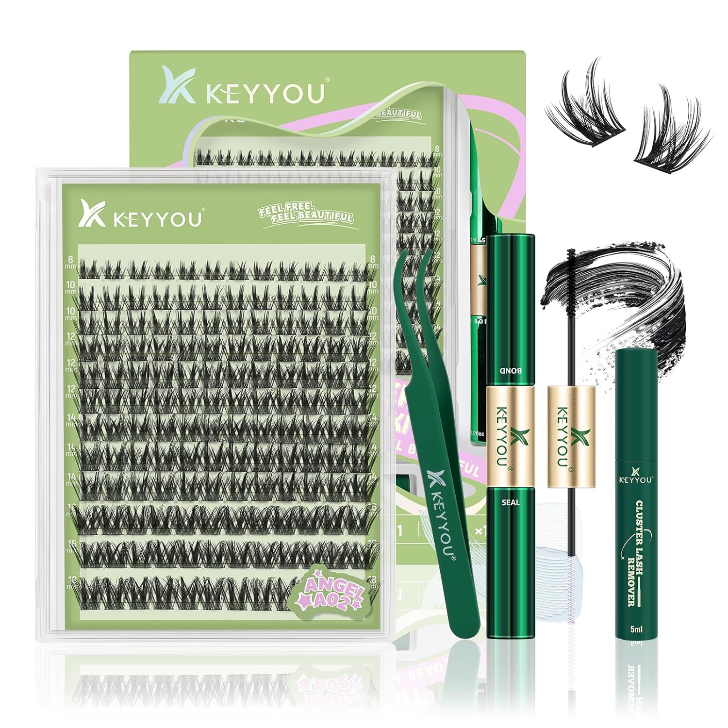 KEYYOU LASH Extension Kit 144Pcs Angel Lash Clusters Kit Thick Eyelash Extension Kit with Glue and Seal,Tweezers,Remover for DIY lash extension kit at Home(Kit-Angel A02-D-8-18MIX)
