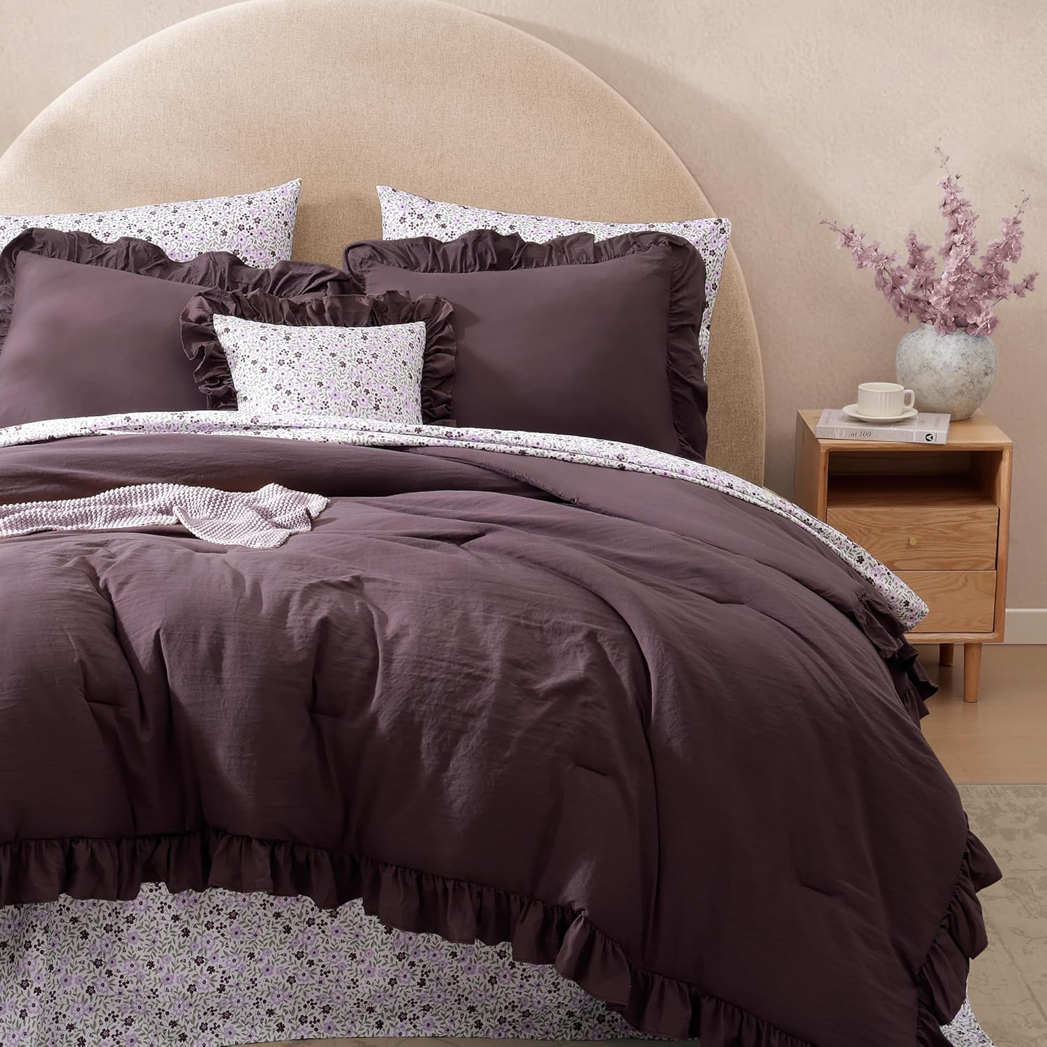 Queen Comforter Set - 7 Pieces Ruffle Purple Bedding Sets, Shabby Chic Farmhouse Bed in a Bag Queen with Ruffle Comforter, Floral Sheets, Pillowcases & Shams - Image 6